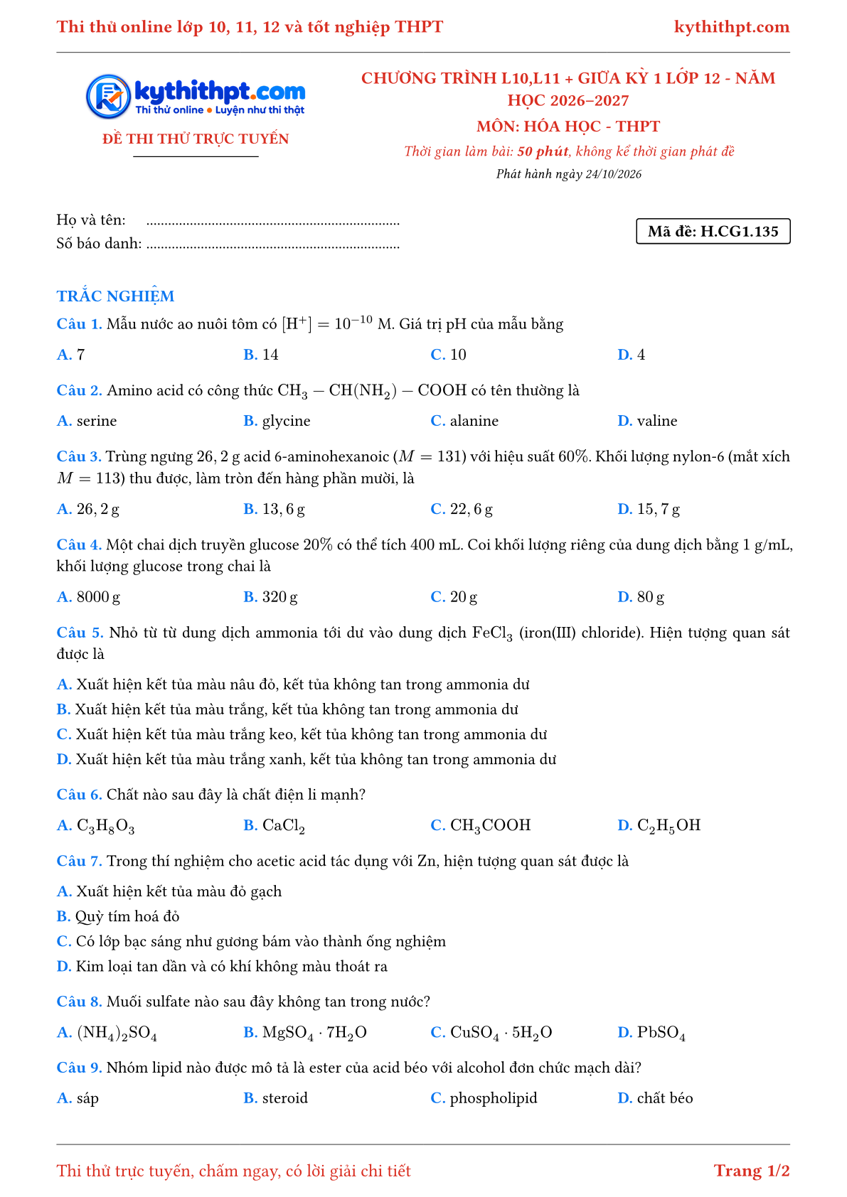 Trang đầu Đề thi thử online môn Hóa học theo chương trình lớp 10, 11 và giữa kỳ 1 lớp 12 - chuẩn cấu trúc tốt nghiệp - đề 034