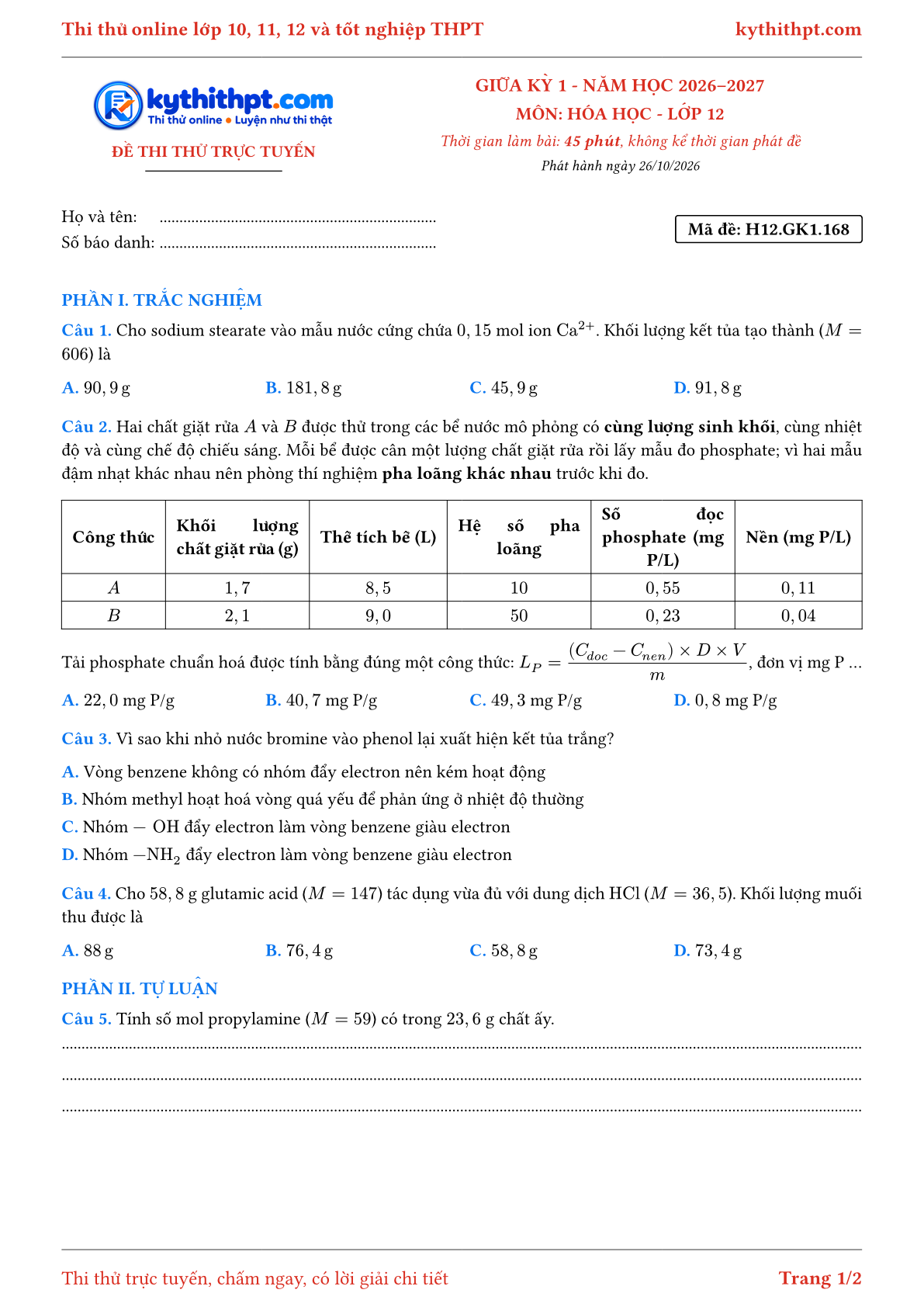 Trang đầu Đề thi thử online giữa kỳ 1 môn Hóa học lớp 12 - trắc nghiệm + tự luận nâng cao - đề 173