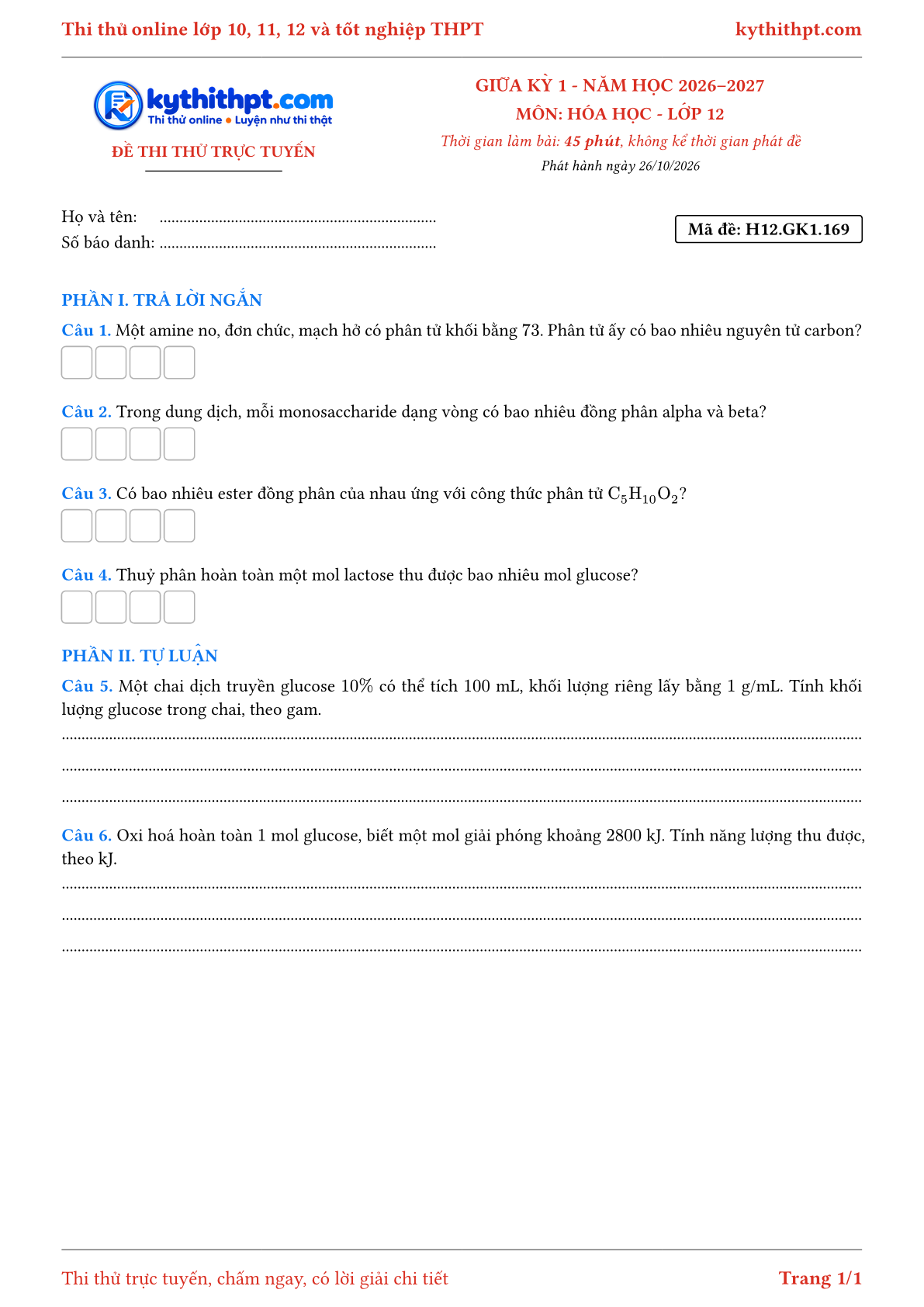 Trang đầu Đề thi thử online giữa kỳ 1 môn Hóa học lớp 12 - trả lời ngắn + tự luận - đề 150