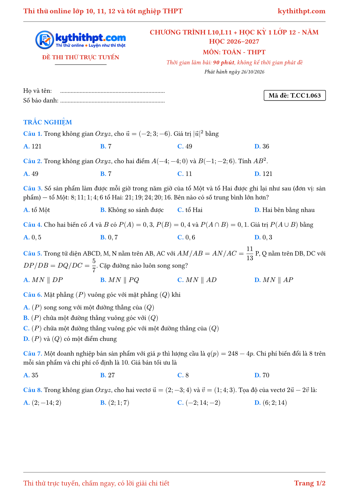 Trang đầu Đề thi thử online môn Toán theo chương trình lớp 10, 11 và học kỳ 1 lớp 12 - ôn luyện trắc nghiệm - đề 033