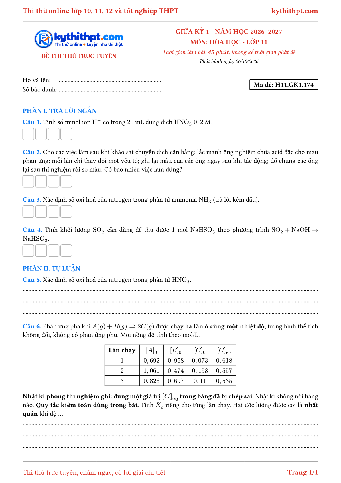 Trang đầu Đề thi thử online giữa kỳ 1 môn Hóa học lớp 11 - trả lời ngắn + tự luận - đề 142
