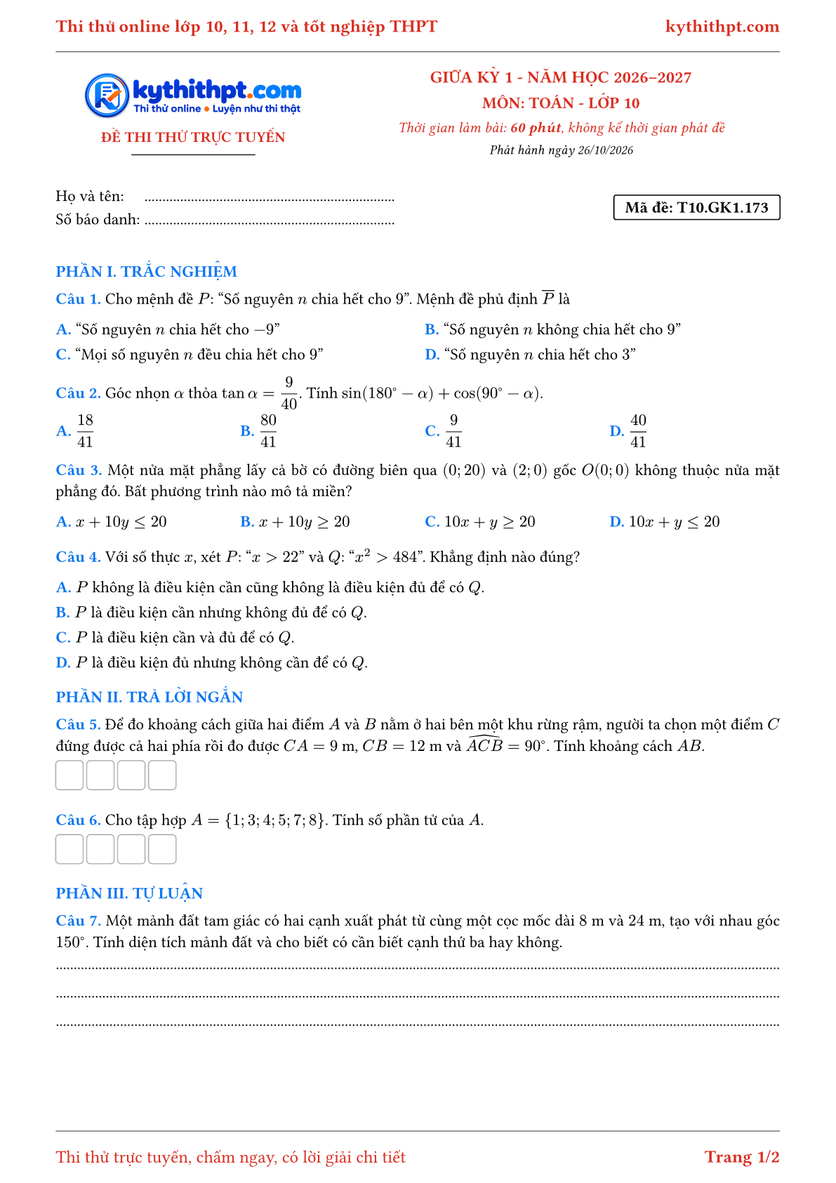 Trang đầu Đề thi thử online giữa kỳ 1 môn Toán lớp 10 - trắc nghiệm + trả lời ngắn + tự luận - đề 055
