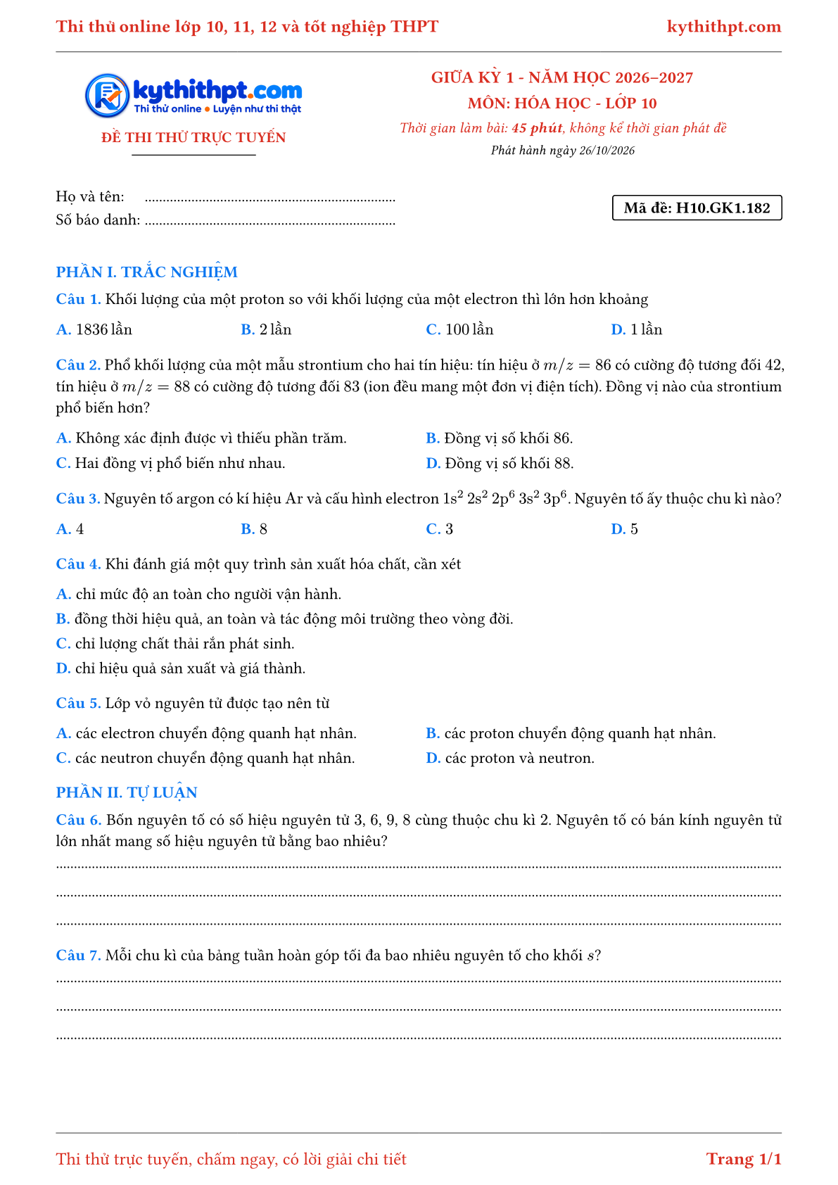 Trang đầu Đề thi thử online giữa kỳ 1 môn Hóa học lớp 10 - trắc nghiệm + tự luận - đề 120