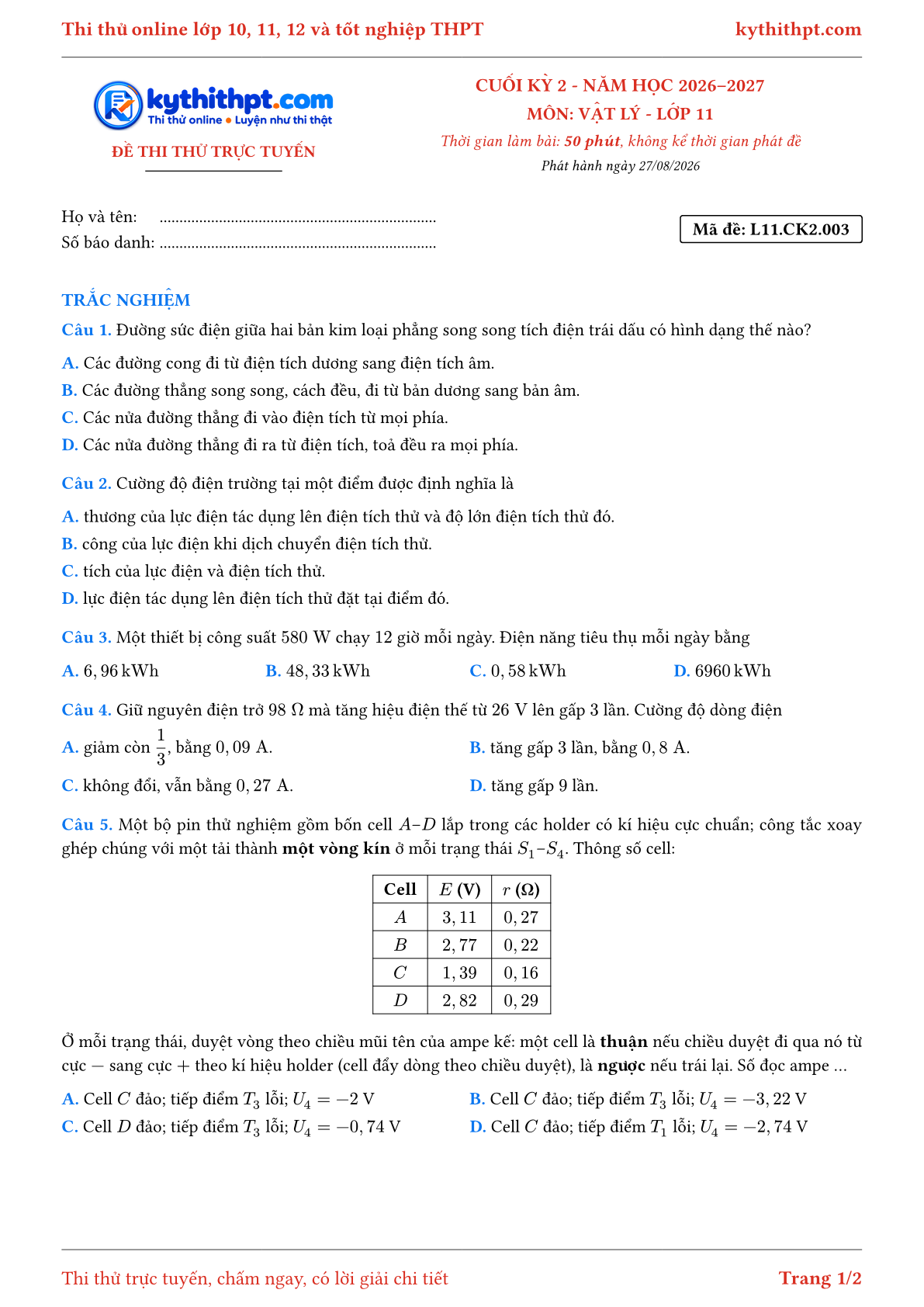 Trang đầu Đề thi thử online cuối kỳ 2 môn Vật lý lớp 11 - full trắc nghiệm - đề 003