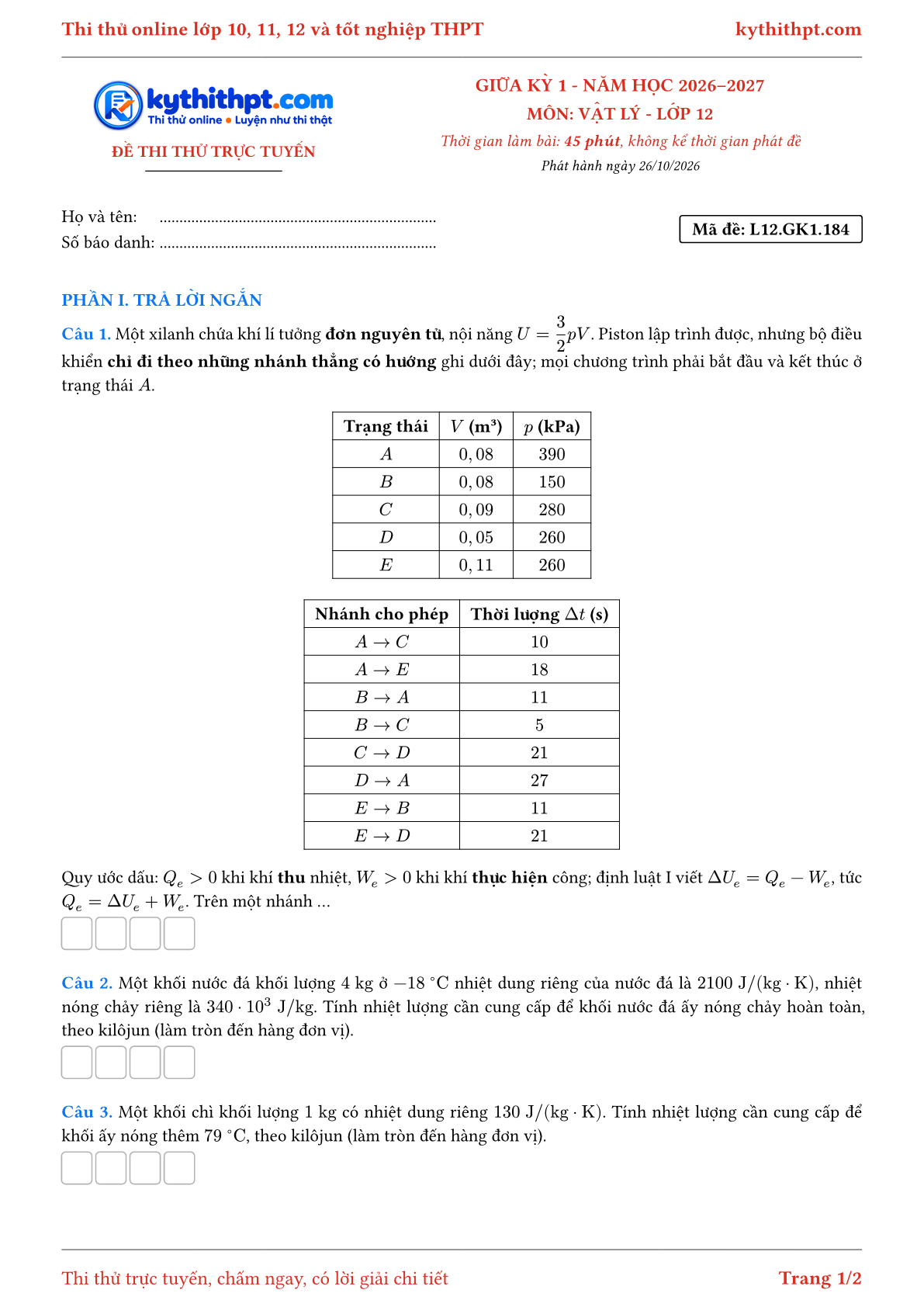 Trang đầu Đề thi thử online giữa kỳ 1 môn Vật lý lớp 12 - trả lời ngắn + tự luận - đề 153