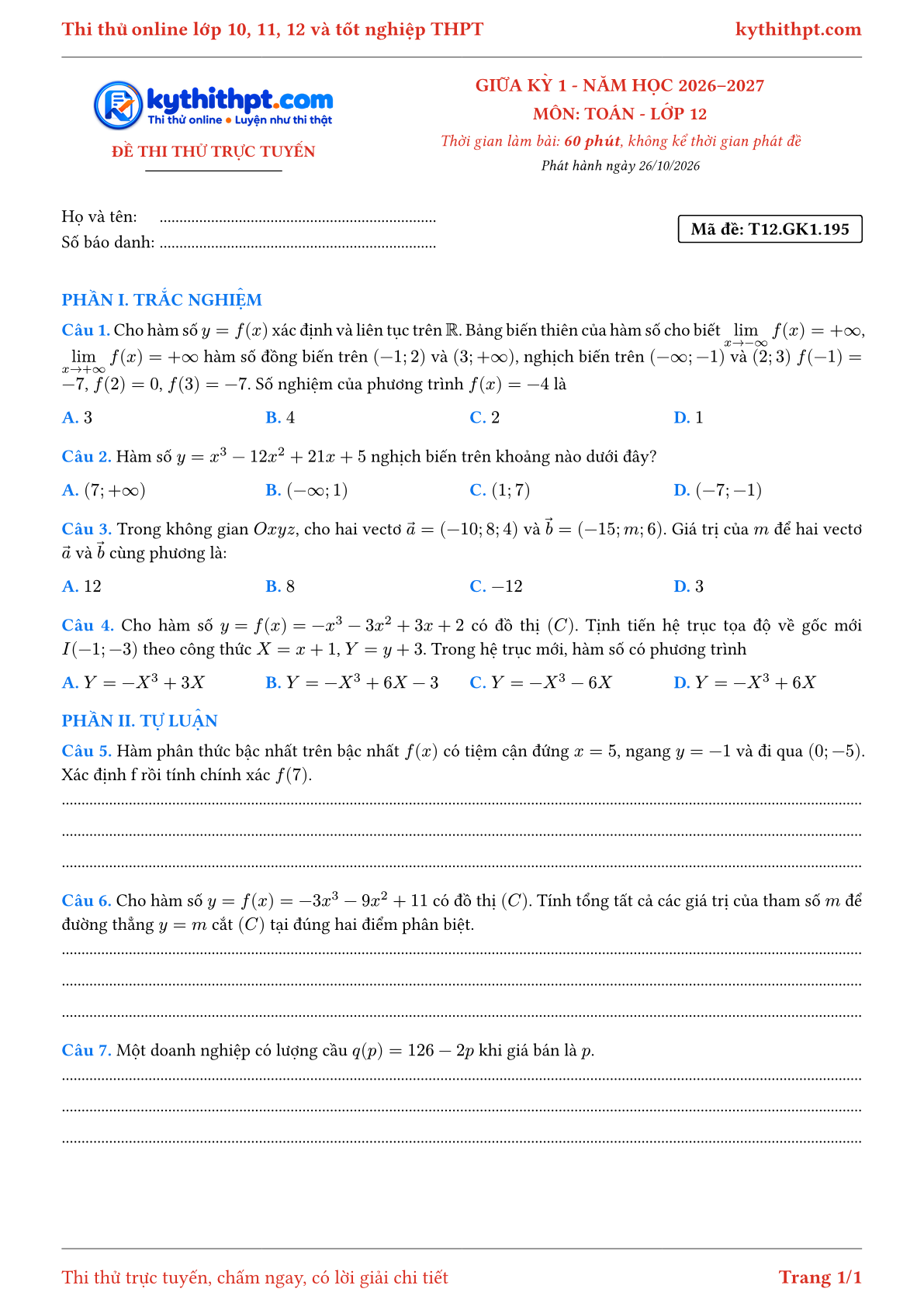 Trang đầu Đề thi thử online giữa kỳ 1 môn Toán lớp 12 - trắc nghiệm + tự luận nâng cao - đề 195