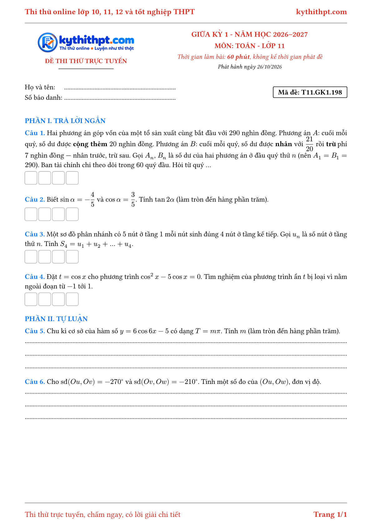 Trang đầu Đề thi thử online giữa kỳ 1 môn Toán lớp 11 - trả lời ngắn + tự luận - đề 166
