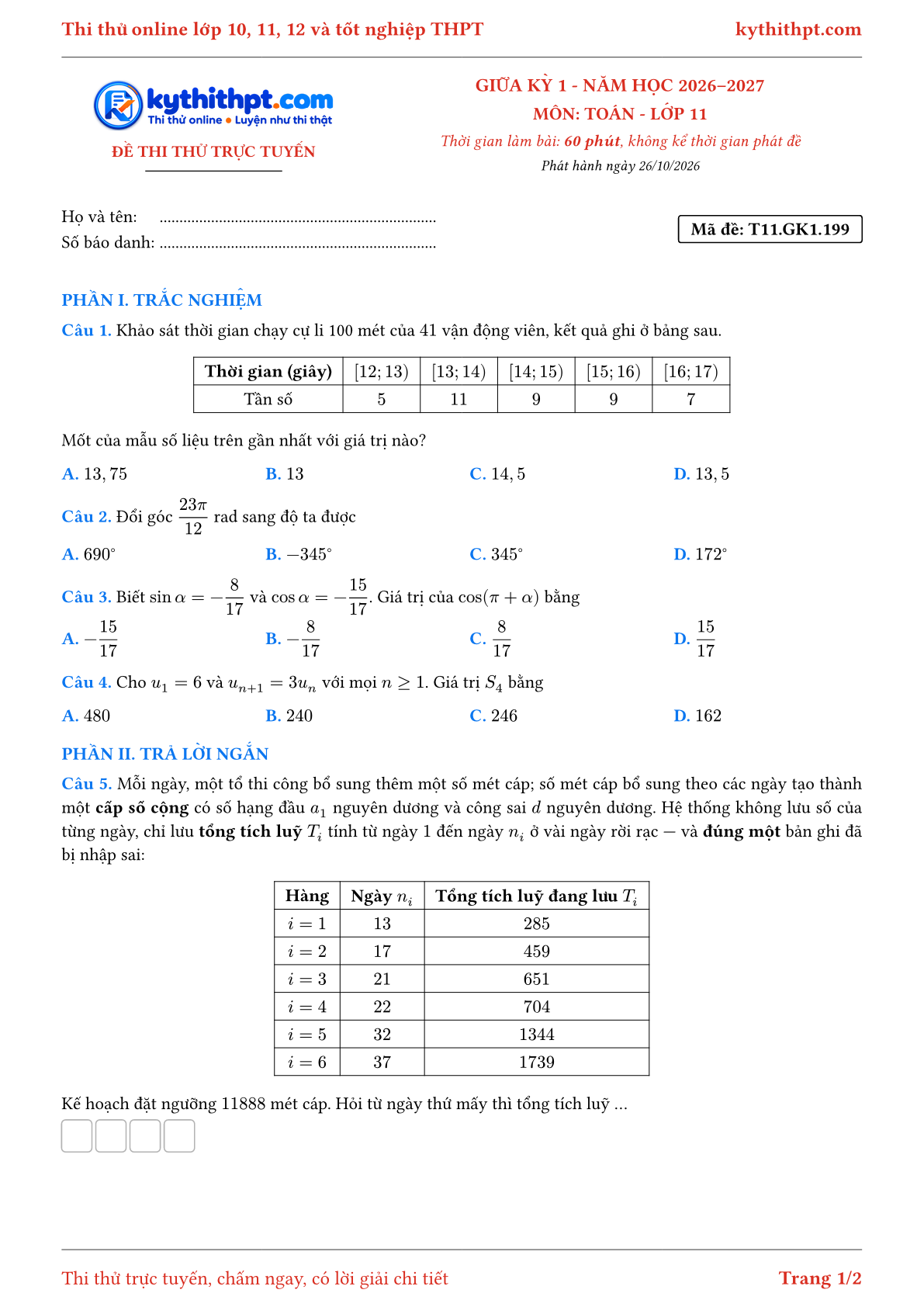 Trang đầu Đề thi thử online giữa kỳ 1 môn Toán lớp 11 - trắc nghiệm + trả lời ngắn + tự luận - đề 066