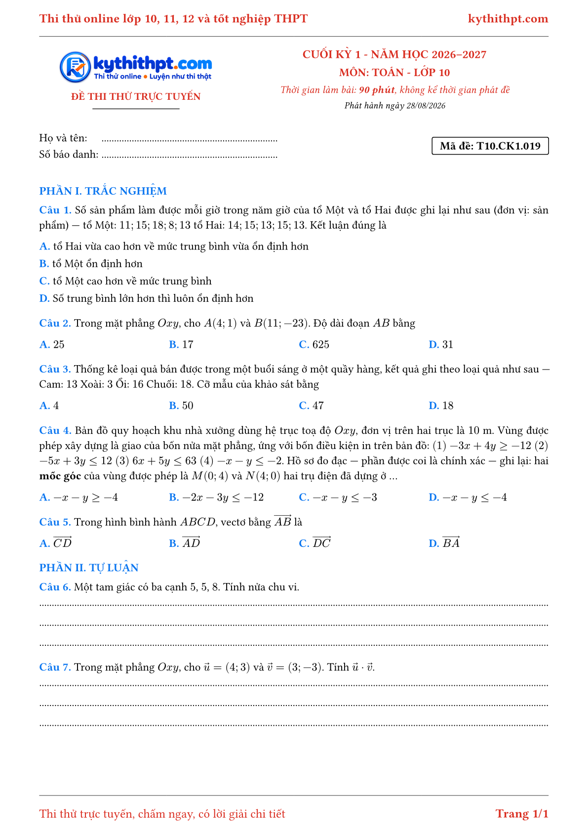 Trang đầu Đề thi thử online cuối kỳ 1 môn Toán lớp 10 - trắc nghiệm + tự luận - đề 019