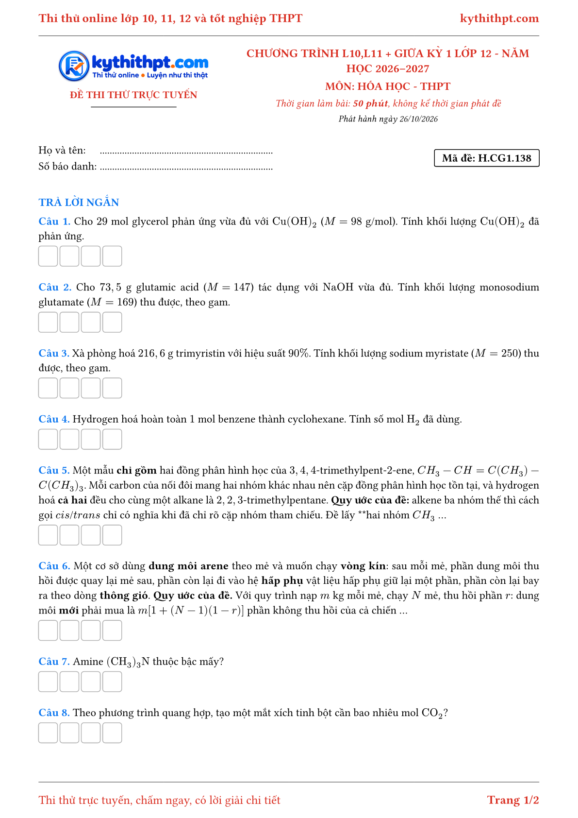 Trang đầu Đề thi thử online môn Hóa học theo chương trình lớp 10, 11 và giữa kỳ 1 lớp 12 - ôn luyện trả lời ngắn - đề 140