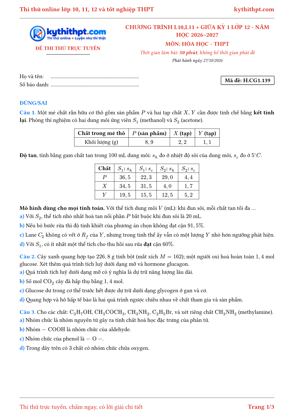 Trang đầu Đề thi thử online môn Hóa học theo chương trình lớp 10, 11 và giữa kỳ 1 lớp 12 - ôn luyện đúng/sai - đề 104