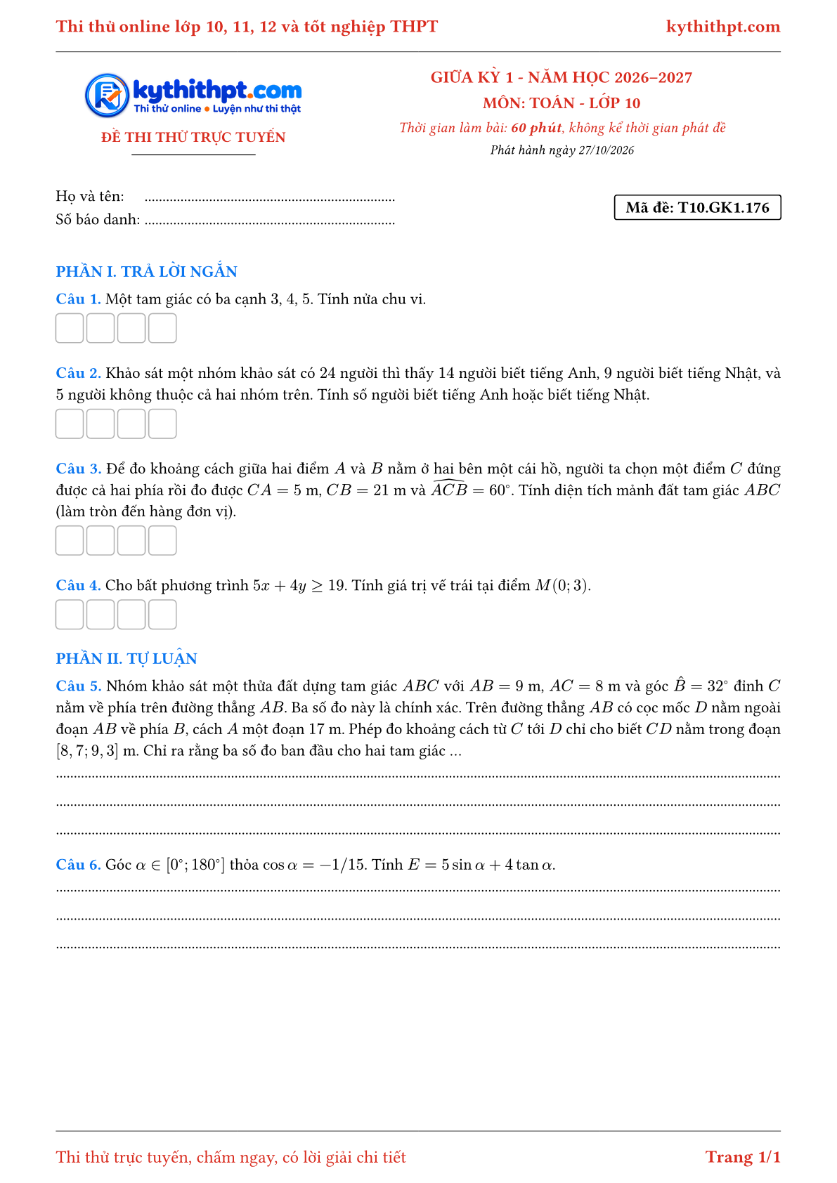Trang đầu Đề thi thử online giữa kỳ 1 môn Toán lớp 10 - trả lời ngắn + tự luận - đề 176