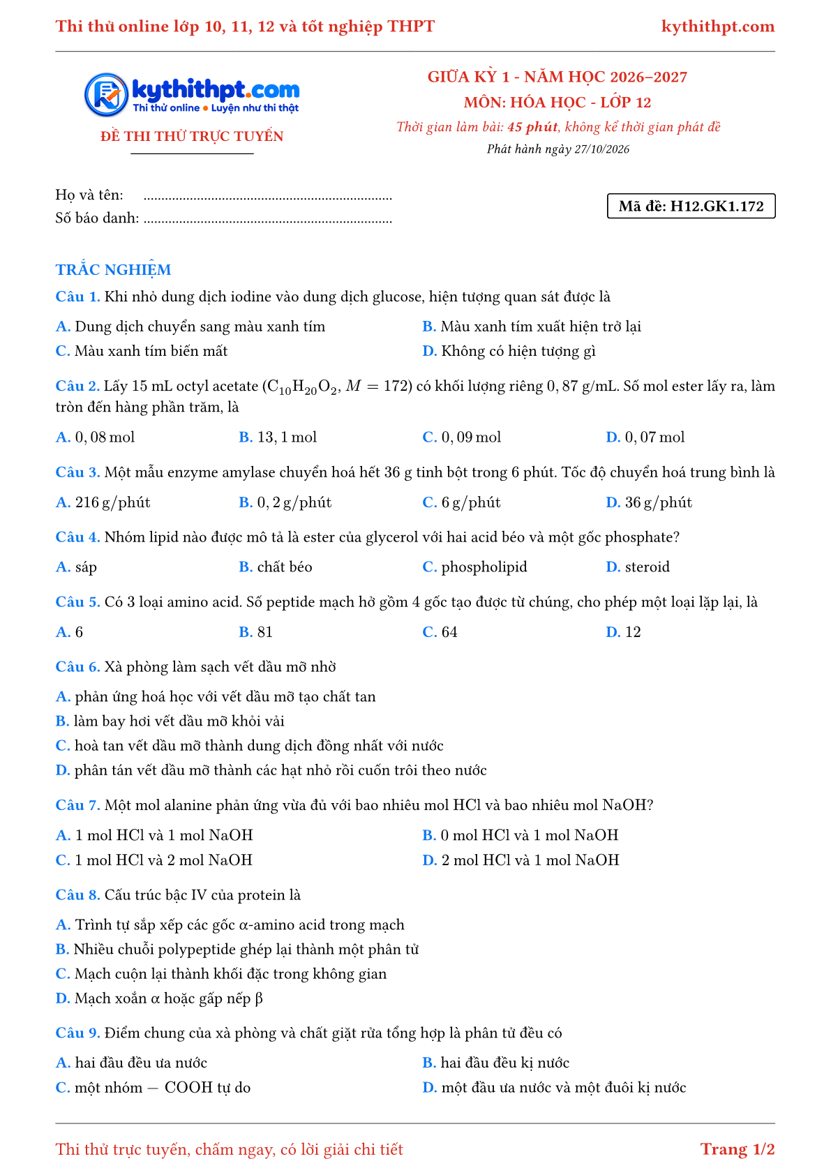 Trang đầu Đề thi thử online giữa kỳ 1 môn Hóa học lớp 12 - full trắc nghiệm - đề 033