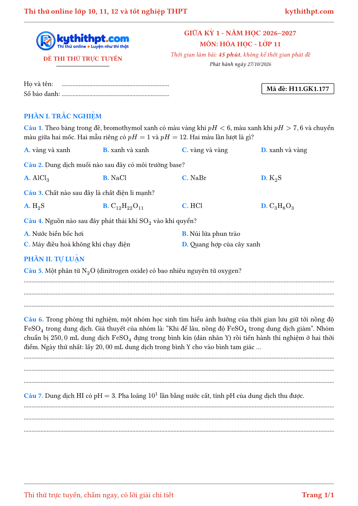Trang đầu Đề thi thử online giữa kỳ 1 môn Hóa học lớp 11 - trắc nghiệm + tự luận nâng cao - đề 179