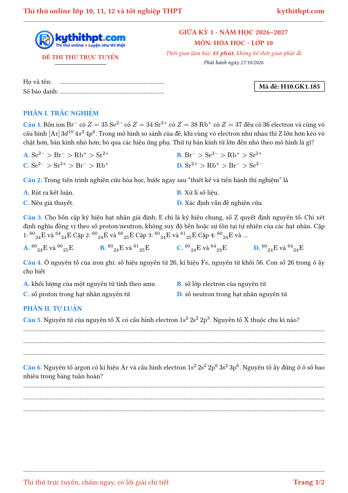 Trang đầu Đề thi thử online giữa kỳ 1 môn Hóa học lớp 10 - trắc nghiệm + tự luận nâng cao - đề 185