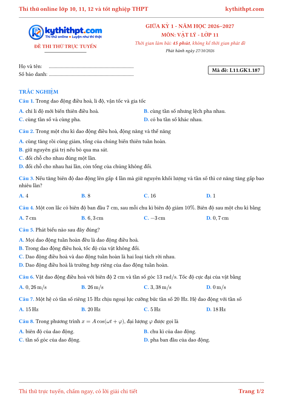 Trang đầu Đề thi thử online giữa kỳ 1 môn Vật lý lớp 11 - full trắc nghiệm - đề 035