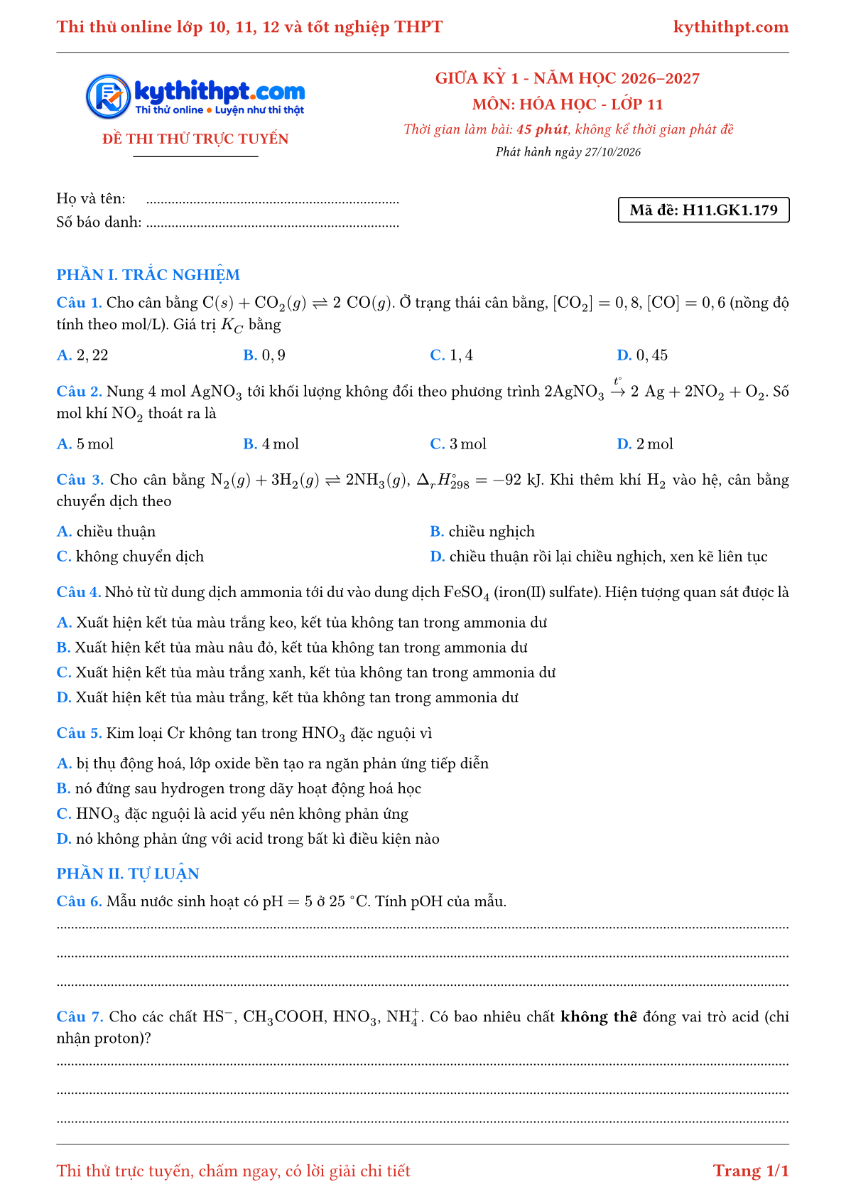 Trang đầu Đề thi thử online giữa kỳ 1 môn Hóa học lớp 11 - trắc nghiệm + tự luận - đề 121