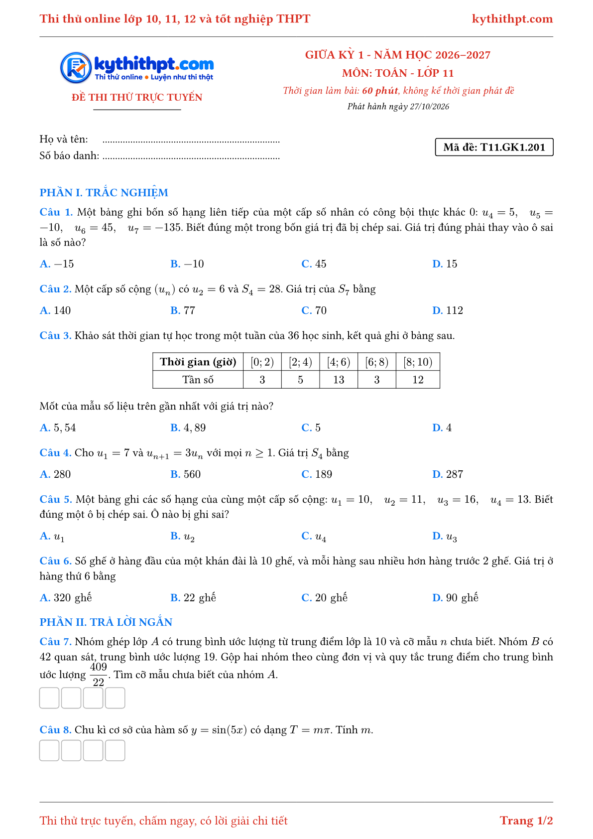 Trang đầu Đề thi thử online giữa kỳ 1 môn Toán lớp 11 - trắc nghiệm + trả lời ngắn - đề 201