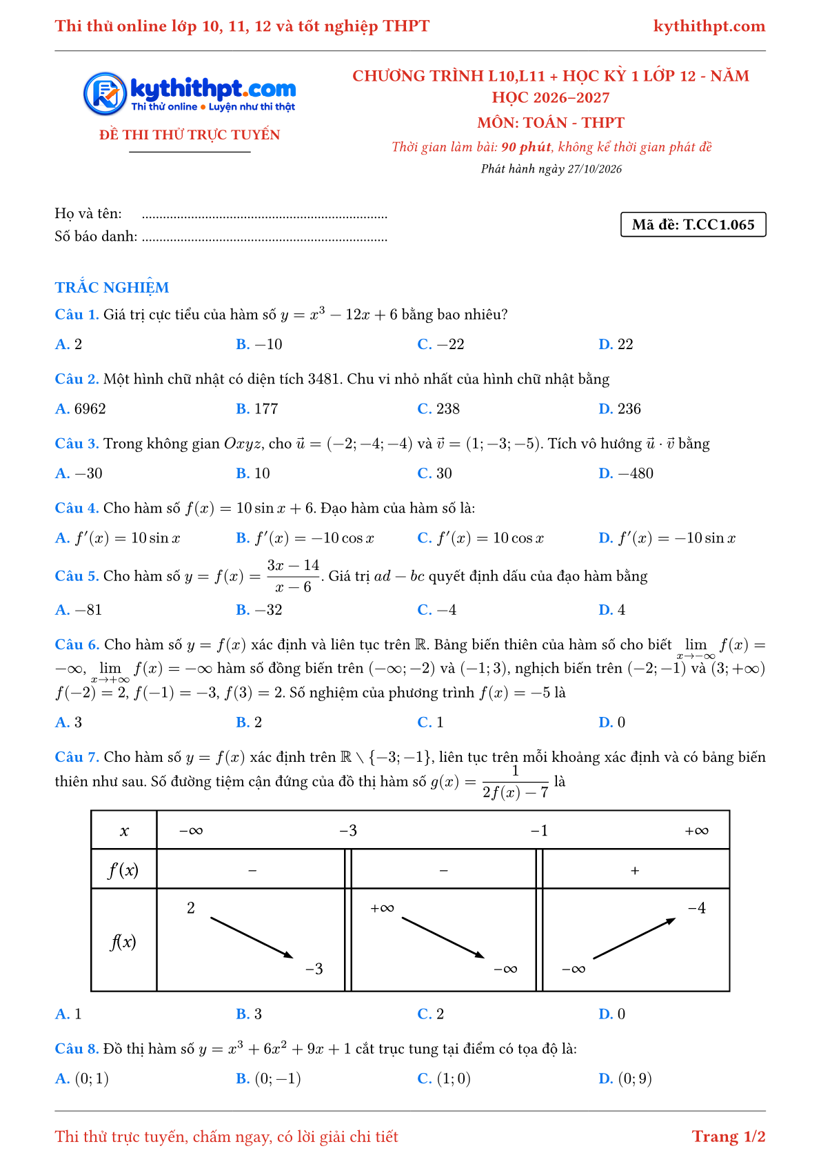 Trang đầu Đề thi thử online môn Toán theo chương trình lớp 10, 11 và học kỳ 1 lớp 12 - chuẩn cấu trúc tốt nghiệp - đề 016