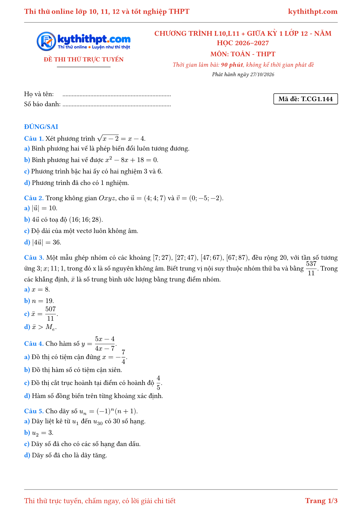 Trang đầu Đề thi thử online môn Toán theo chương trình lớp 10, 11 và giữa kỳ 1 lớp 12 - ôn luyện đúng/sai - đề 108