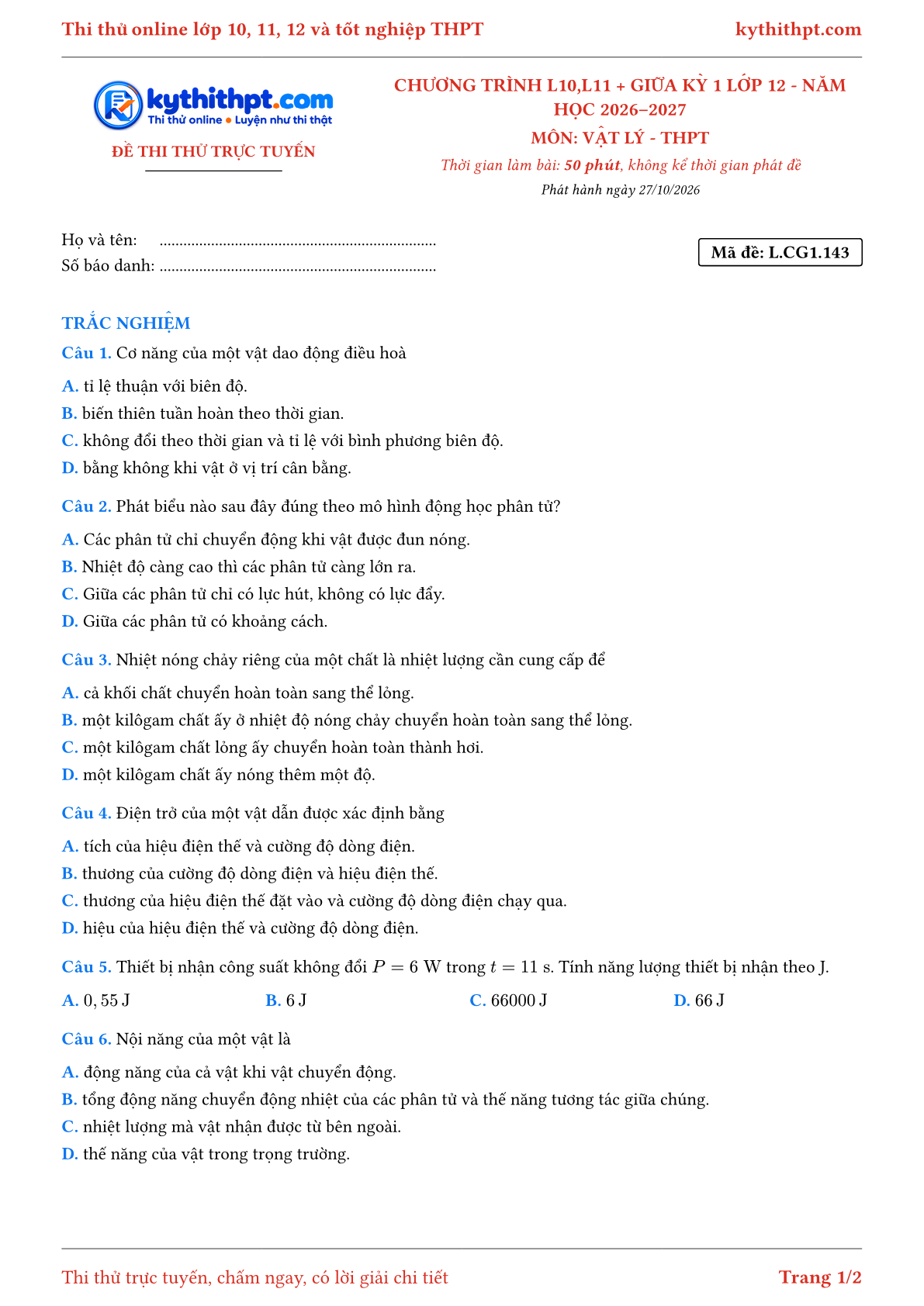 Trang đầu Đề thi thử online môn Vật lý theo chương trình lớp 10, 11 và giữa kỳ 1 lớp 12 - ôn luyện trắc nghiệm - đề 072