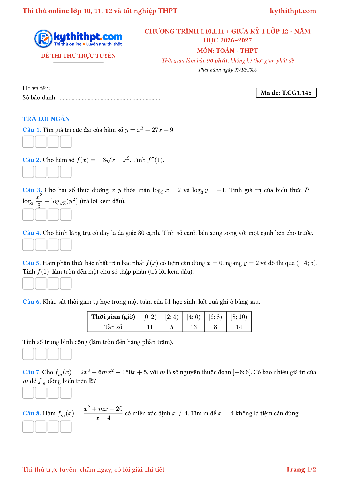 Trang đầu Đề thi thử online môn Toán theo chương trình lớp 10, 11 và giữa kỳ 1 lớp 12 - ôn luyện trả lời ngắn - đề 145