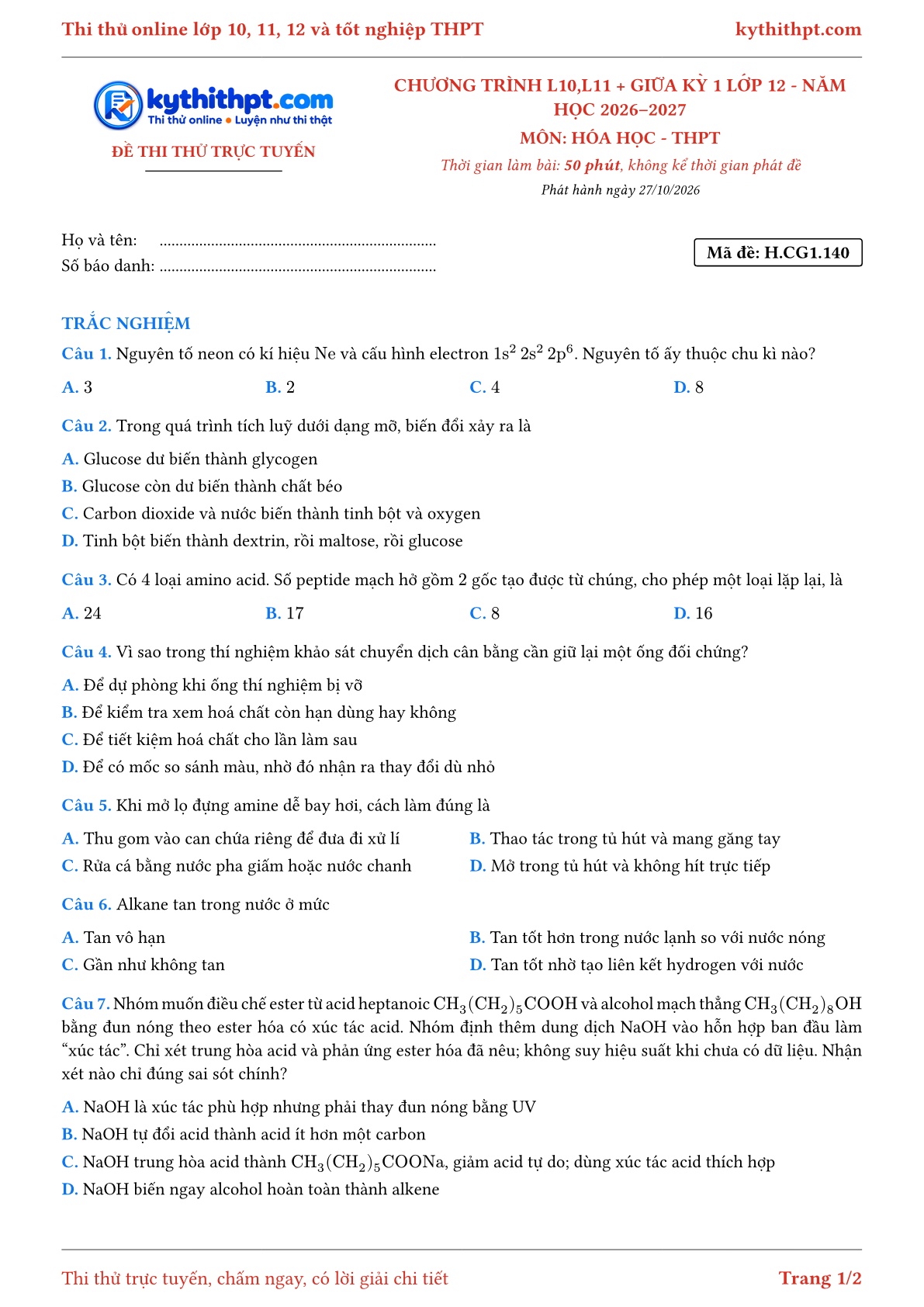 Trang đầu Đề thi thử online môn Hóa học theo chương trình lớp 10, 11 và giữa kỳ 1 lớp 12 - ôn luyện trắc nghiệm - đề 069