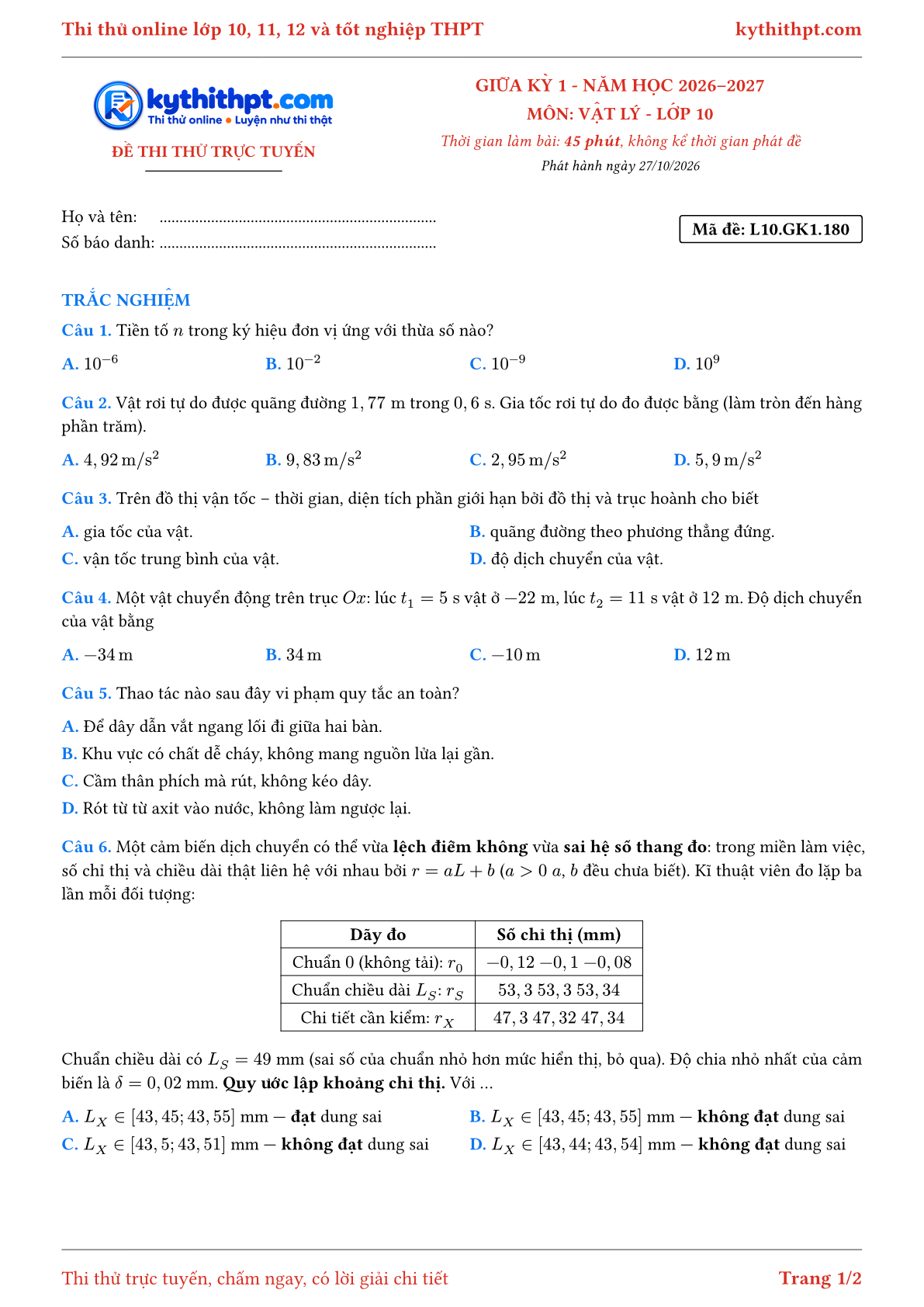 Trang đầu Đề thi thử online giữa kỳ 1 môn Vật lý lớp 10 - full trắc nghiệm - đề 034