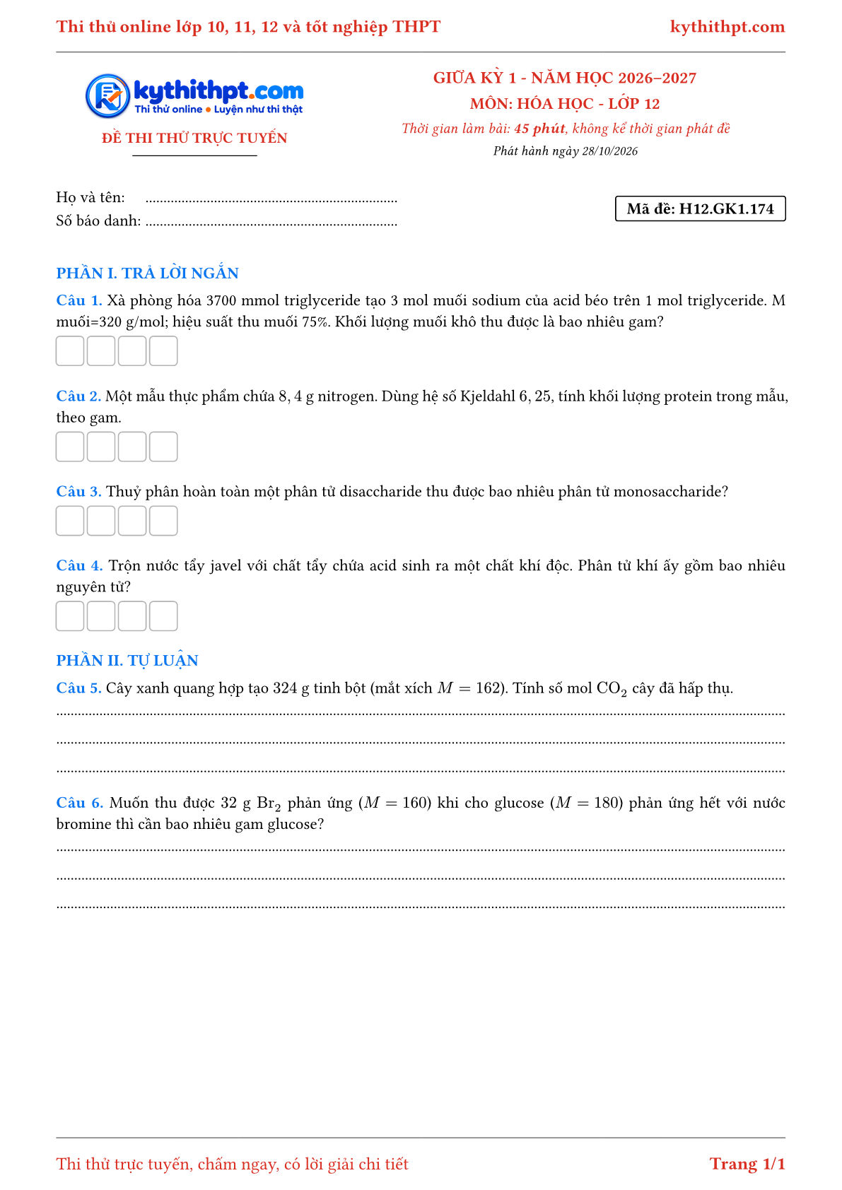Trang đầu Đề thi thử online giữa kỳ 1 môn Hóa học lớp 12 - trả lời ngắn + tự luận - đề 153