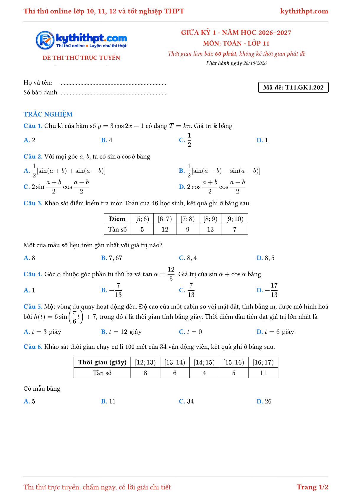 Trang đầu Đề thi thử online giữa kỳ 1 môn Toán lớp 11 - full trắc nghiệm - đề 034