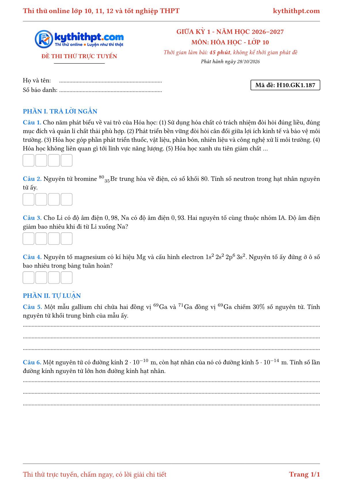 Trang đầu Đề thi thử online giữa kỳ 1 môn Hóa học lớp 10 - trả lời ngắn + tự luận - đề 152