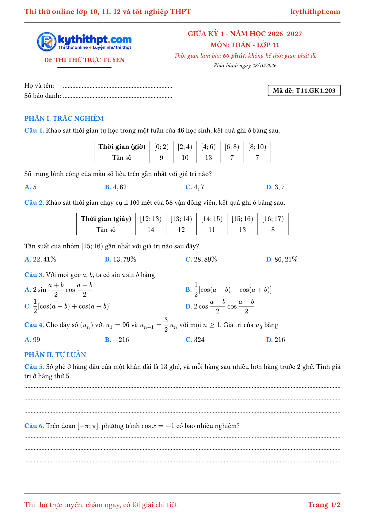 Trang đầu Đề thi thử online giữa kỳ 1 môn Toán lớp 11 - trắc nghiệm + tự luận nâng cao - đề 206