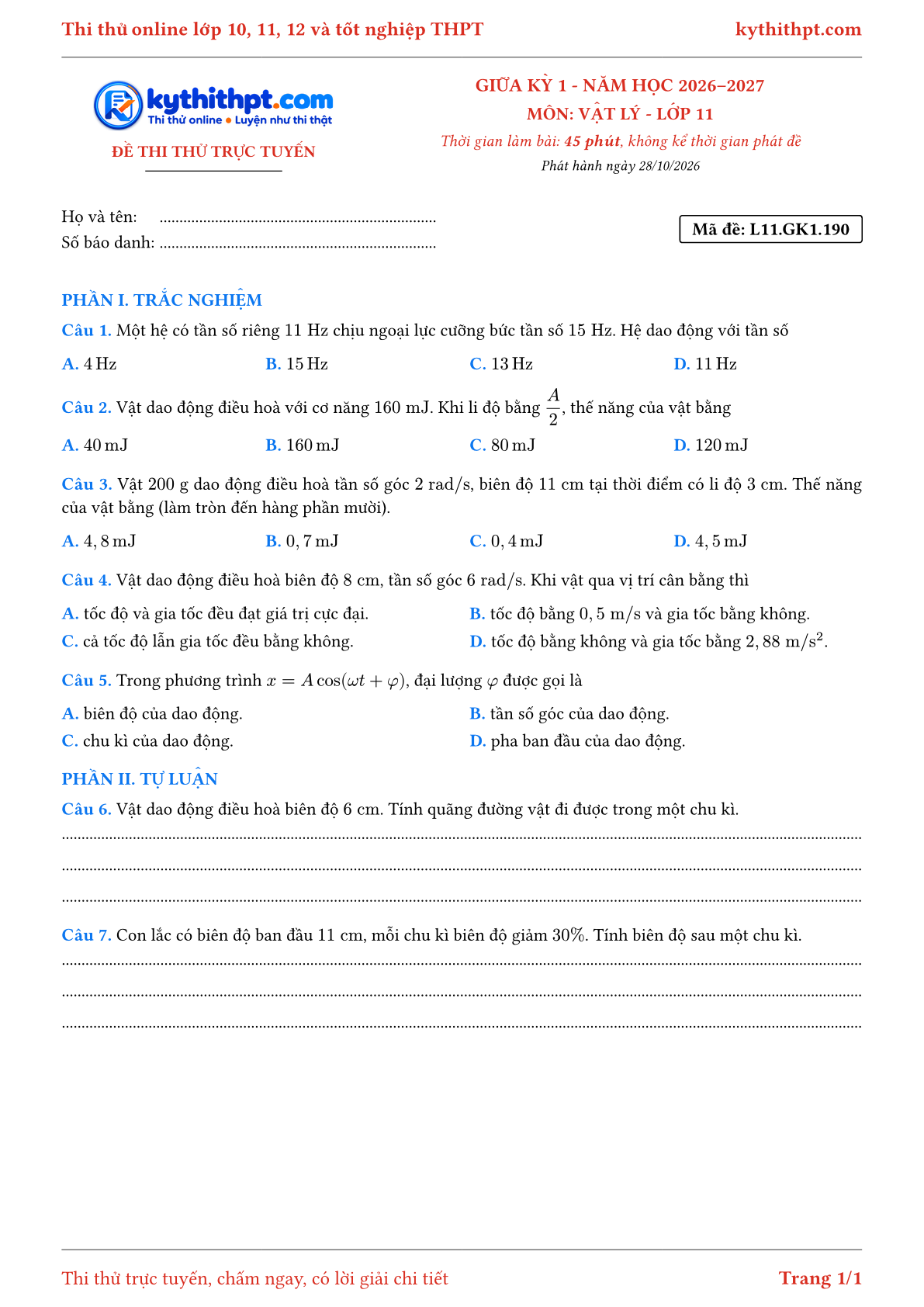 Trang đầu Đề thi thử online giữa kỳ 1 môn Vật lý lớp 11 - trắc nghiệm + tự luận - đề 133