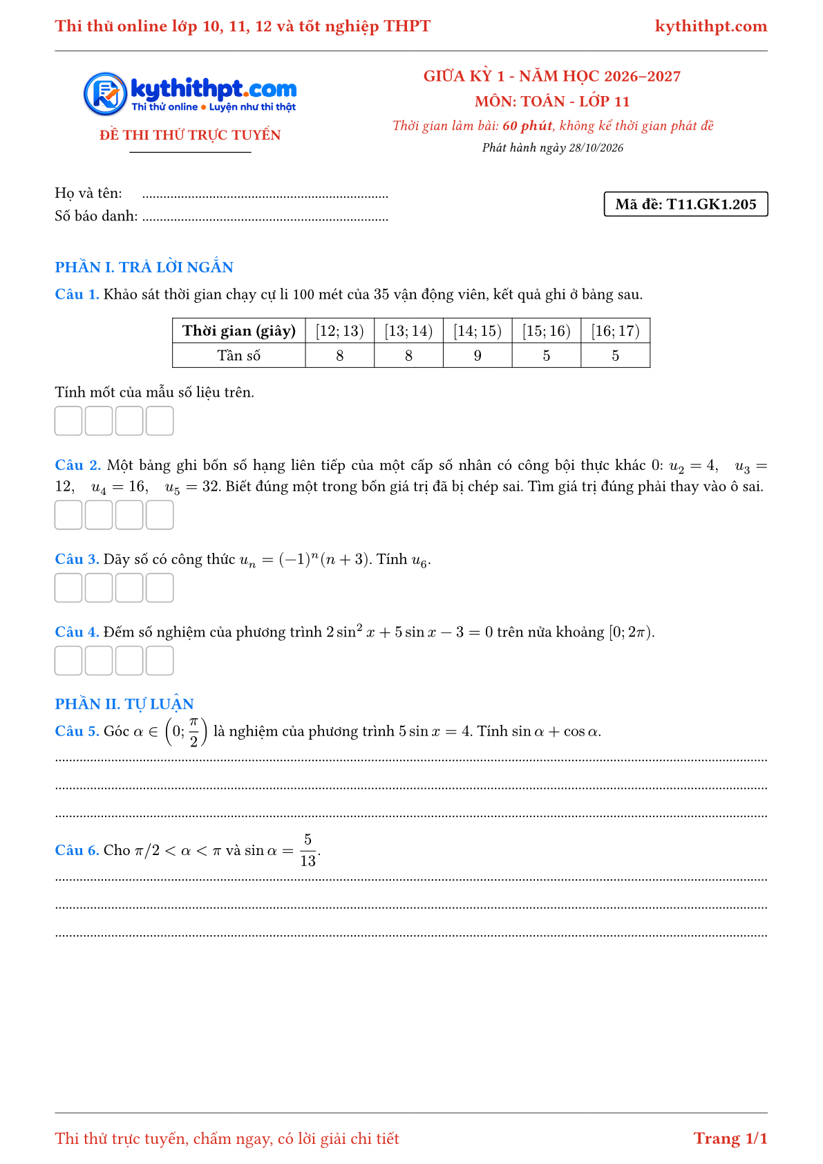 Trang đầu Đề thi thử online giữa kỳ 1 môn Toán lớp 11 - trả lời ngắn + tự luận - đề 171