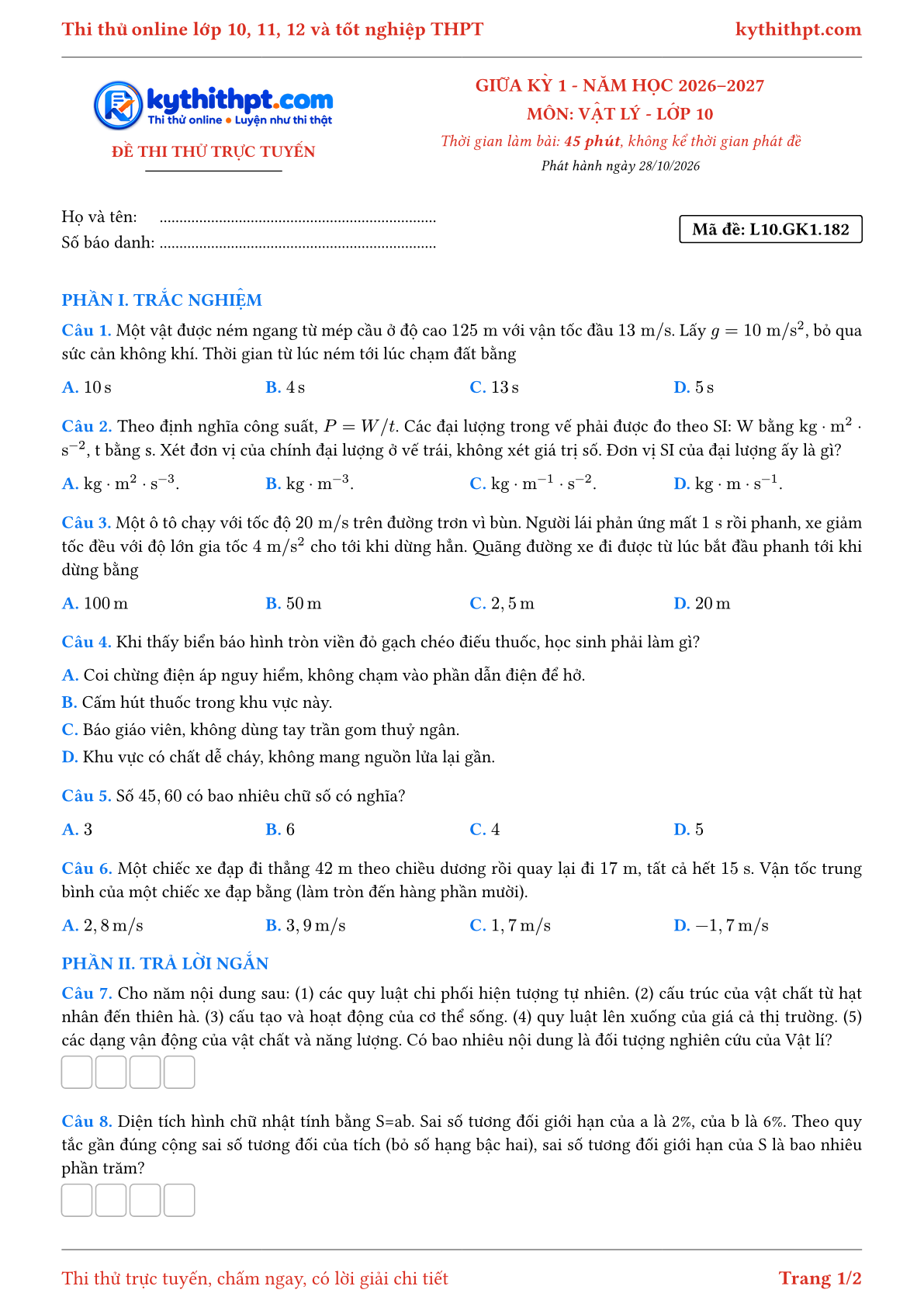 Trang đầu Đề thi thử online giữa kỳ 1 môn Vật lý lớp 10 - trắc nghiệm + trả lời ngắn - đề 058