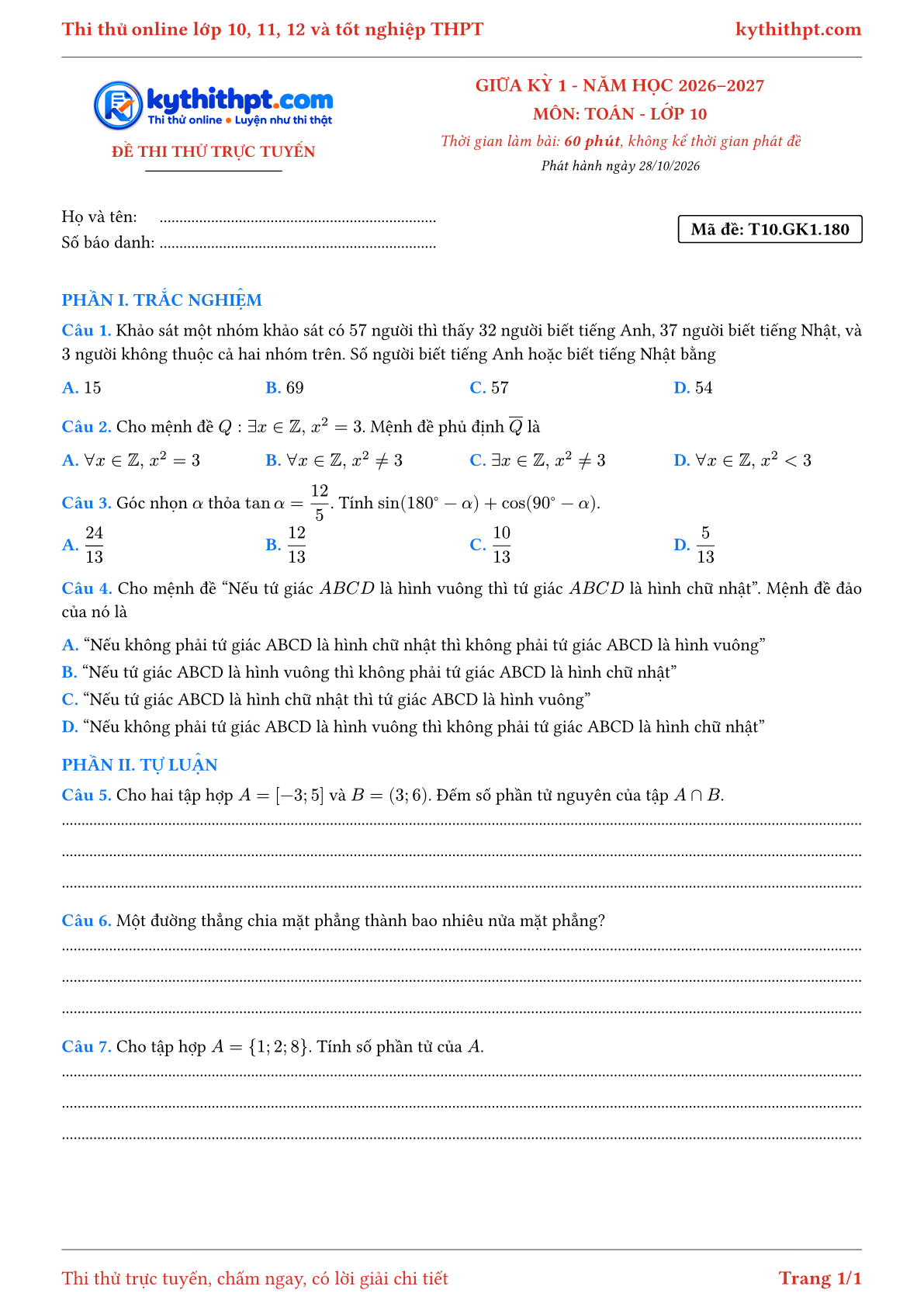 Trang đầu Đề thi thử online giữa kỳ 1 môn Toán lớp 10 - trắc nghiệm + tự luận nâng cao - đề 181