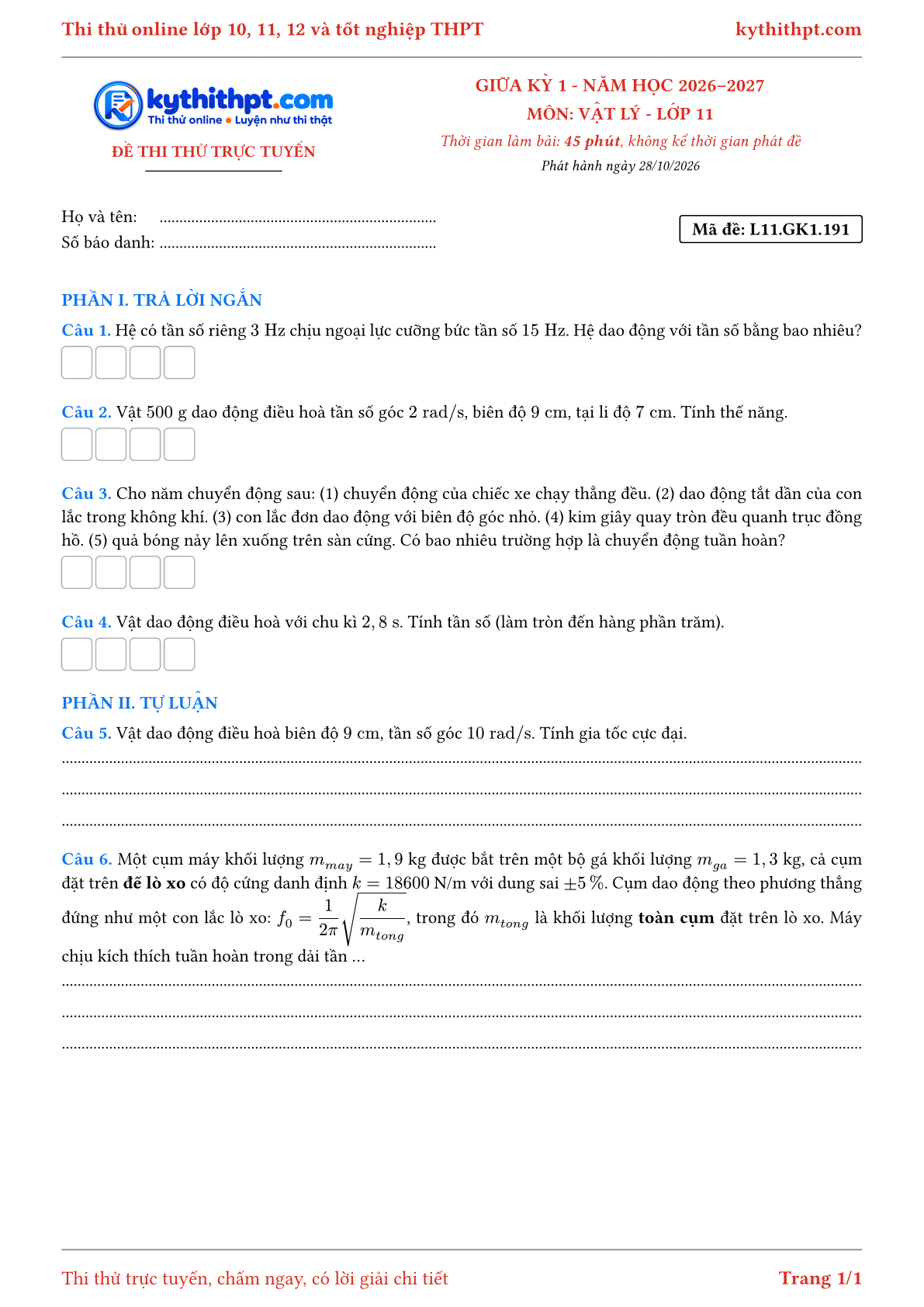 Trang đầu Đề thi thử online giữa kỳ 1 môn Vật lý lớp 11 - trả lời ngắn + tự luận - đề 157