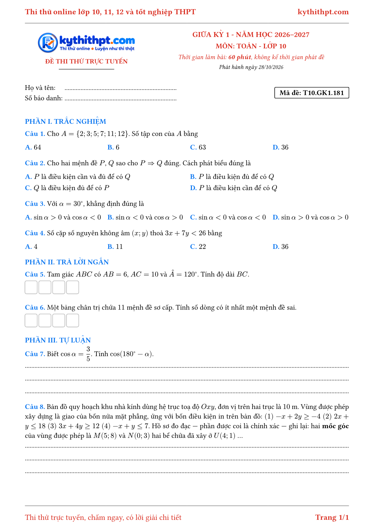 Trang đầu Đề thi thử online giữa kỳ 1 môn Toán lớp 10 - trắc nghiệm + trả lời ngắn + tự luận - đề 057