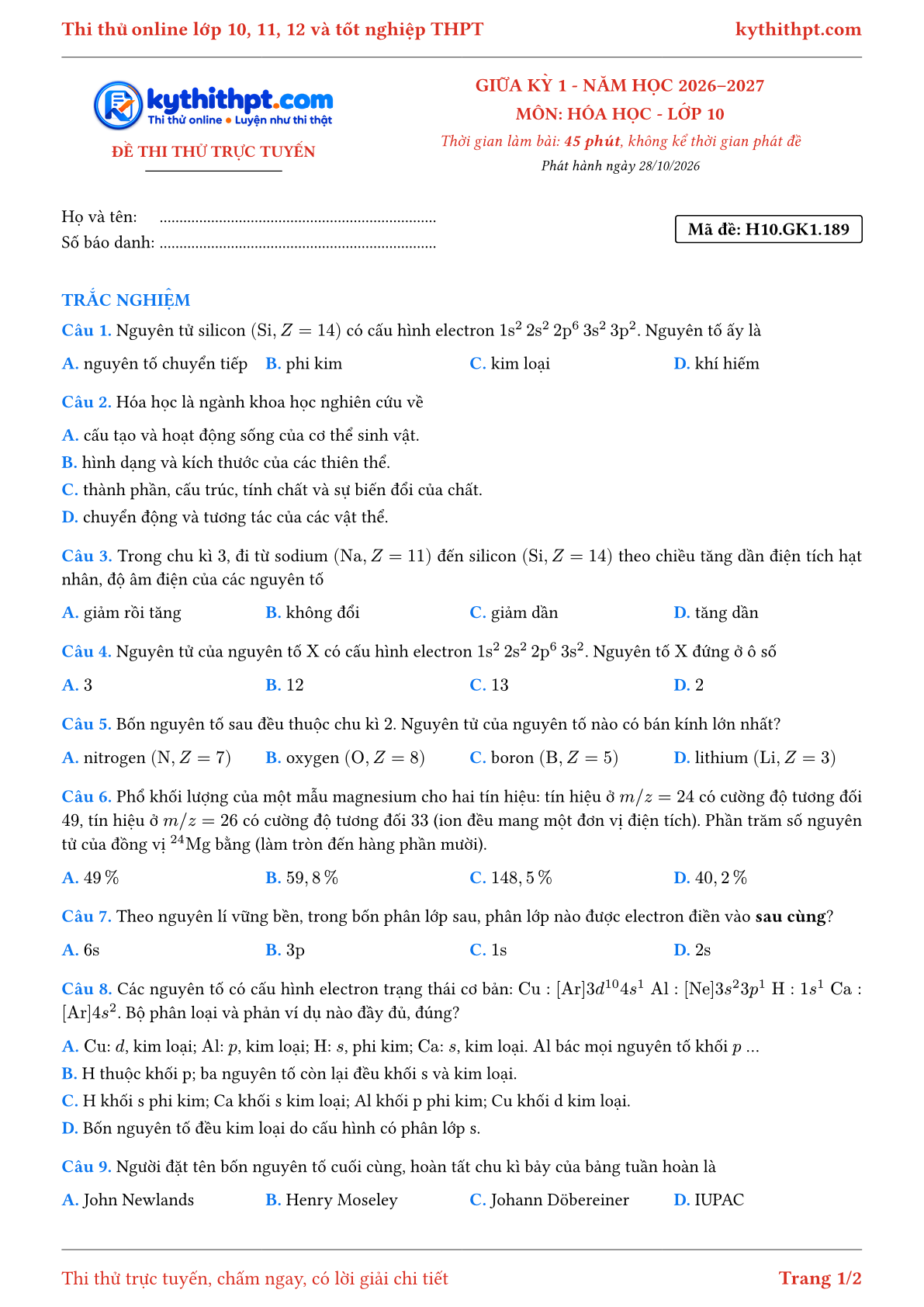 Trang đầu Đề thi thử online giữa kỳ 1 môn Hóa học lớp 10 - full trắc nghiệm - đề 035