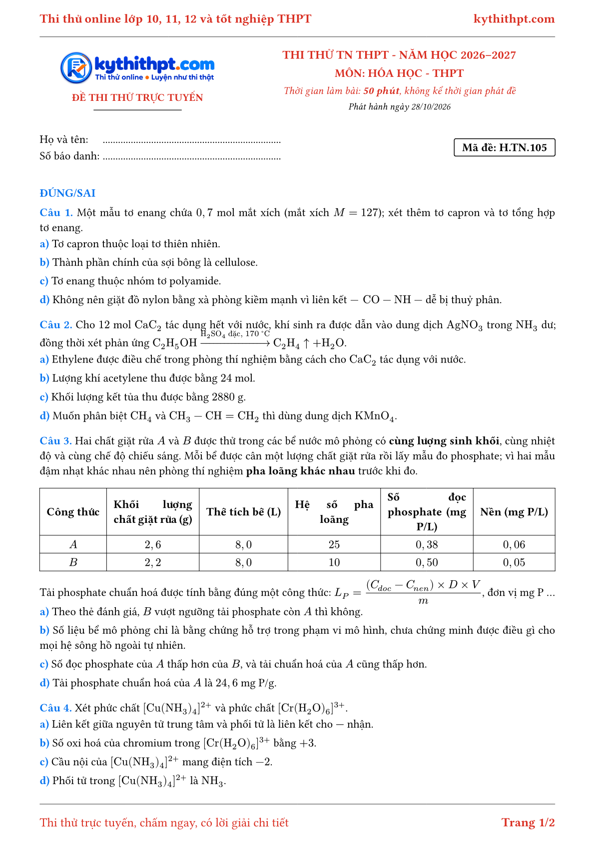 Trang đầu Đề thi thử online tốt nghiệp THPT môn Hóa học - ôn luyện đúng/sai - đề 089