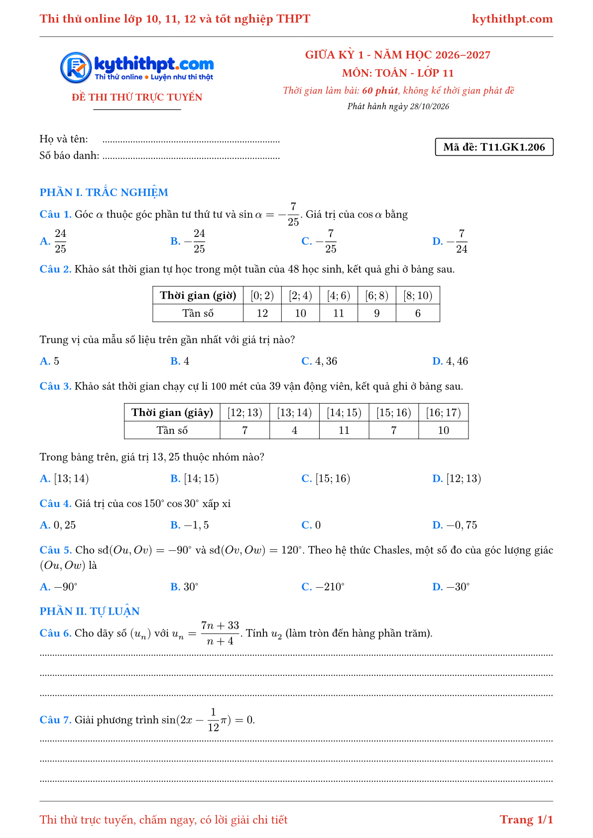 Trang đầu Đề thi thử online giữa kỳ 1 môn Toán lớp 11 - trắc nghiệm + tự luận - đề 137