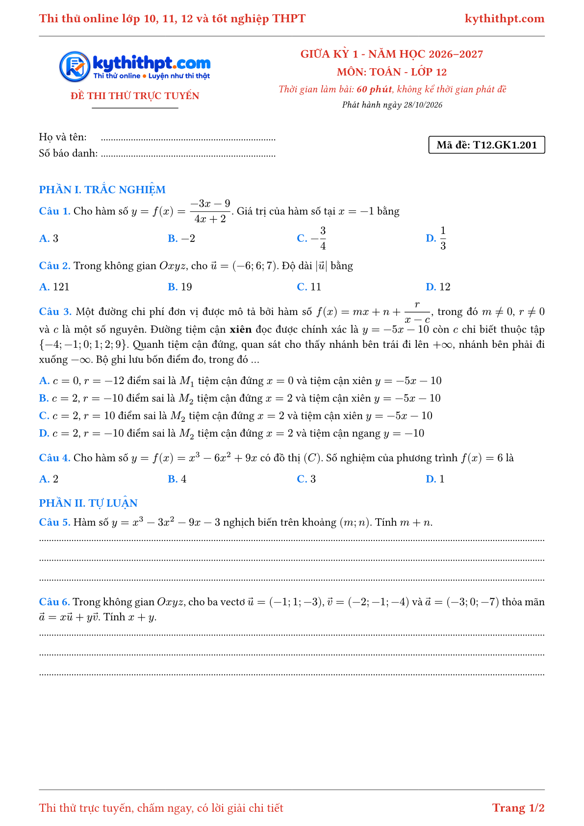 Trang đầu Đề thi thử online giữa kỳ 1 môn Toán lớp 12 - trắc nghiệm + tự luận nâng cao - đề 201