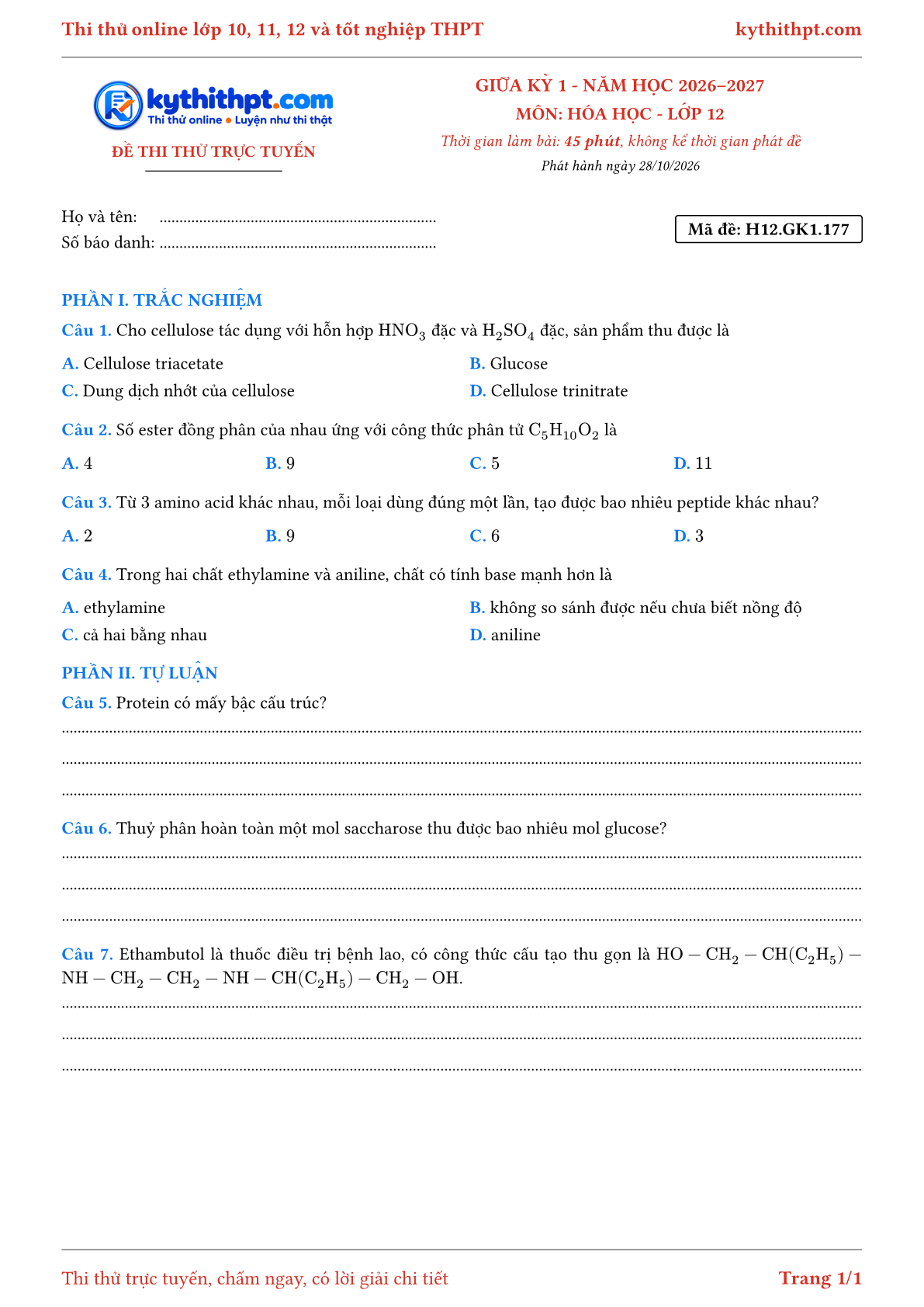 Trang đầu Đề thi thử online giữa kỳ 1 môn Hóa học lớp 12 - trắc nghiệm + tự luận nâng cao - đề 177