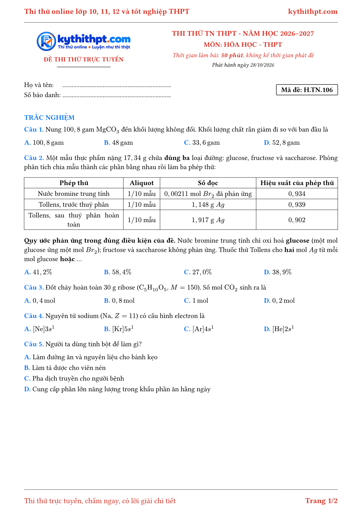Trang đầu Đề thi thử online tốt nghiệp THPT môn Hóa học - ôn luyện trắc nghiệm - đề 071