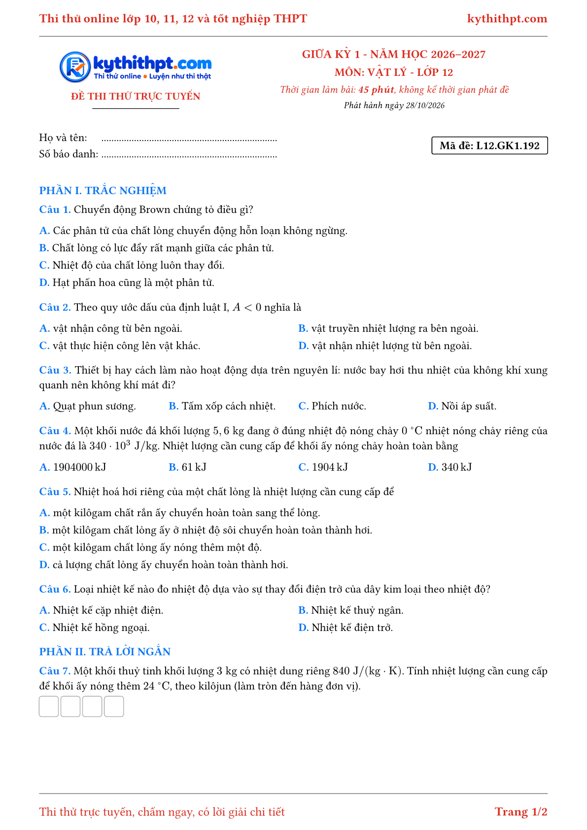 Trang đầu Đề thi thử online giữa kỳ 1 môn Vật lý lớp 12 - trắc nghiệm + trả lời ngắn - đề 053