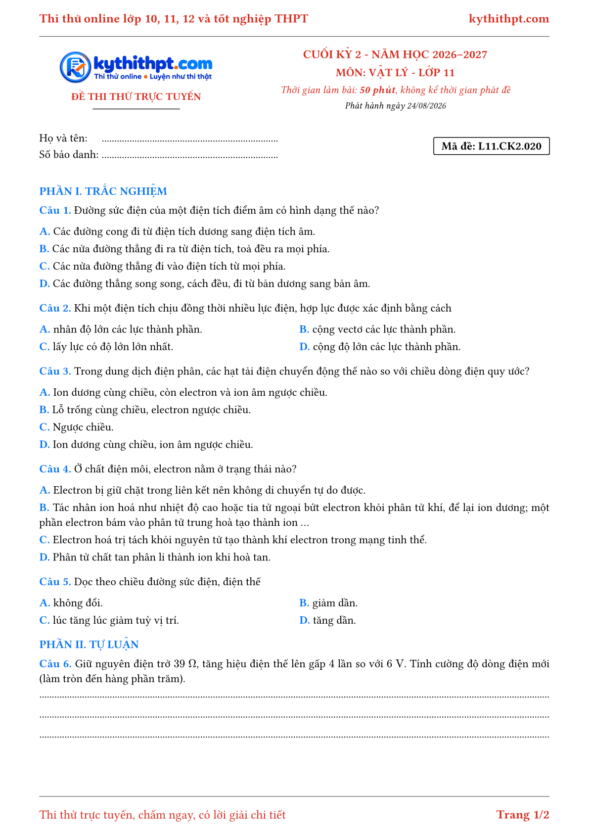 Trang đầu Đề thi thử online cuối kỳ 2 môn Vật lý lớp 11 - trắc nghiệm + tự luận - đề 020