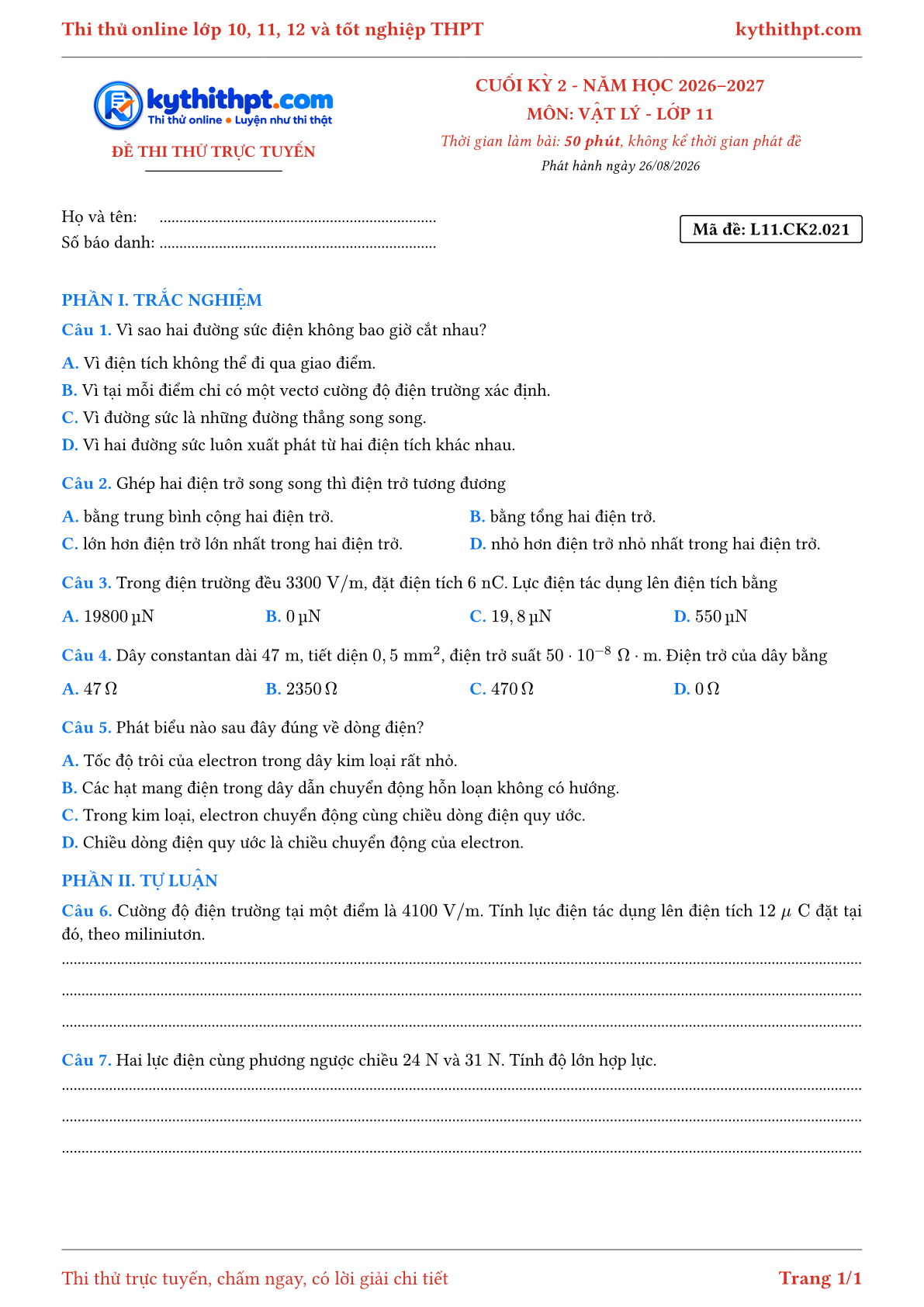 Trang đầu Đề thi thử online cuối kỳ 2 môn Vật lý lớp 11 - trắc nghiệm + tự luận - đề 021