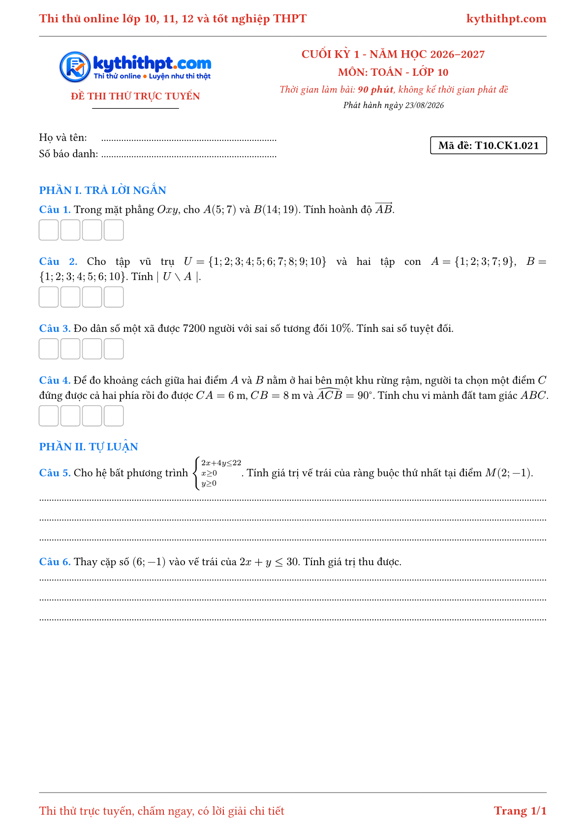 Trang đầu Đề thi thử online cuối kỳ 1 môn Toán lớp 10 - trả lời ngắn + tự luận - đề 021