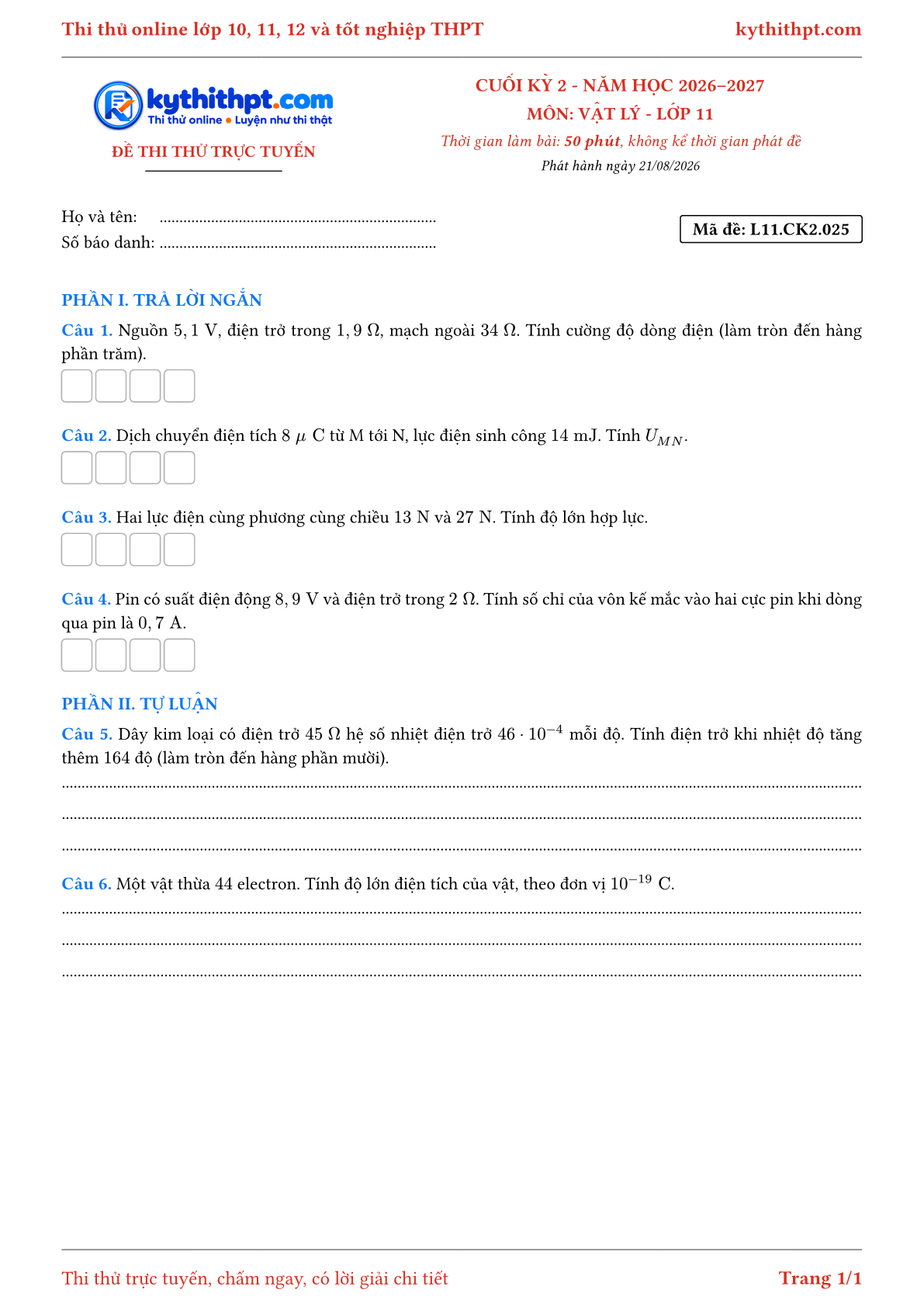 Trang đầu Đề thi thử online cuối kỳ 2 môn Vật lý lớp 11 - trả lời ngắn + tự luận - đề 025