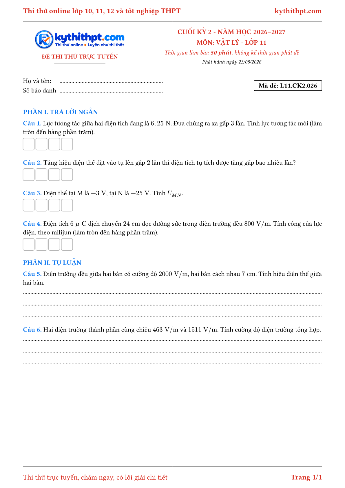 Trang đầu Đề thi thử online cuối kỳ 2 môn Vật lý lớp 11 - trả lời ngắn + tự luận - đề 026
